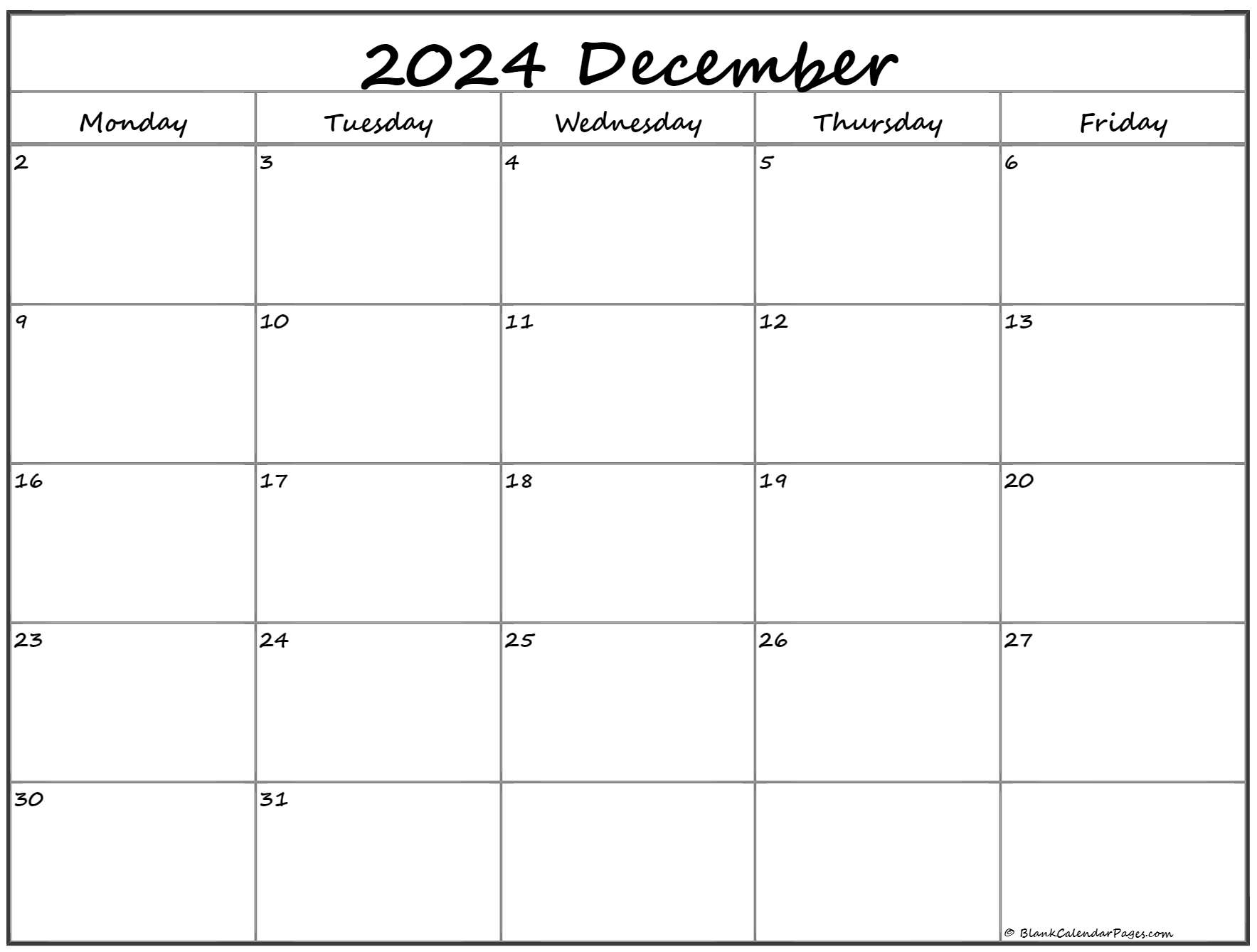 December 2024 Monday Calendar Monday to Sunday