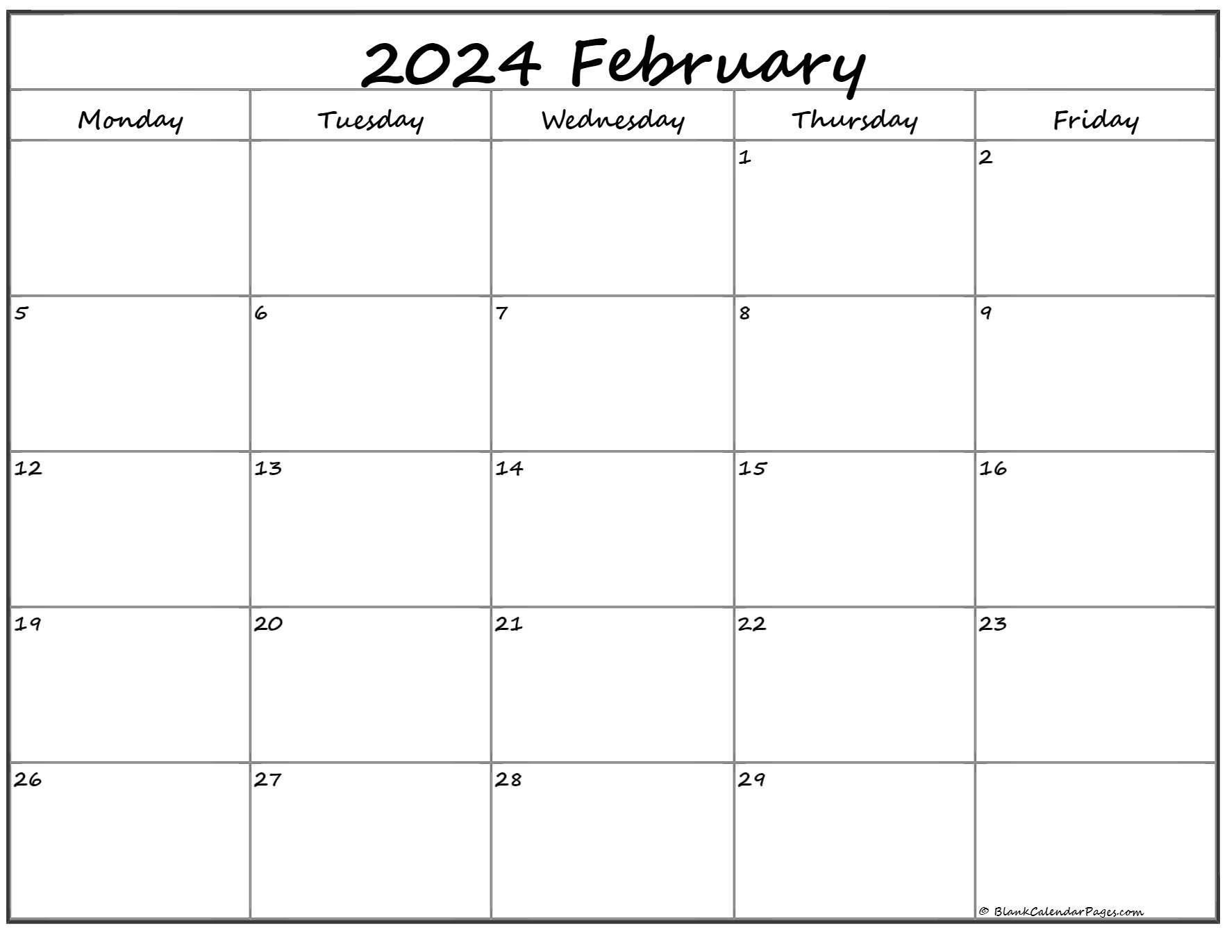 February 2020 Monday Calendar | Monday to Sunday