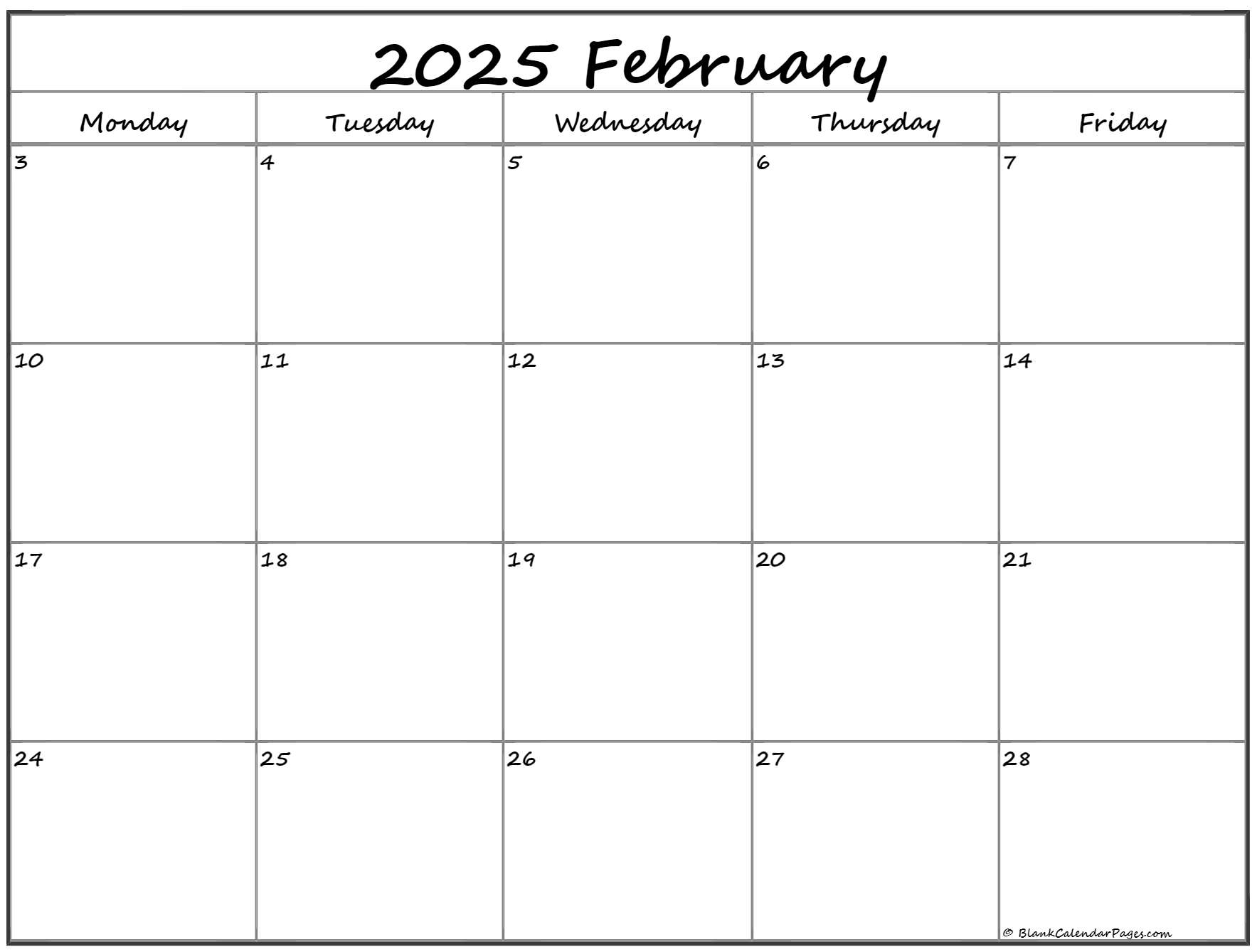 February 2025 Monday Calendar Monday to Sunday