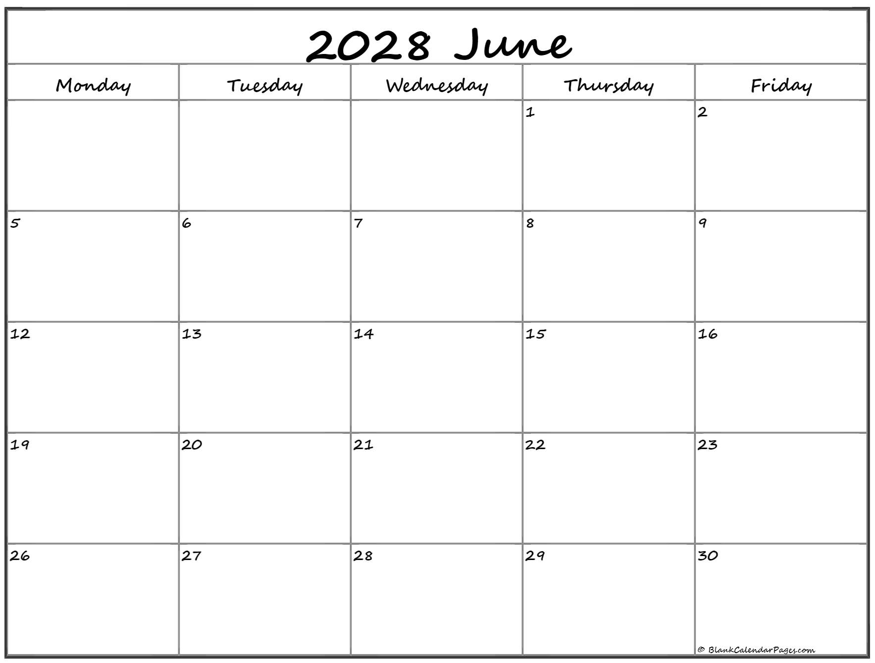 June 2028 Monday through Friday calendar.
