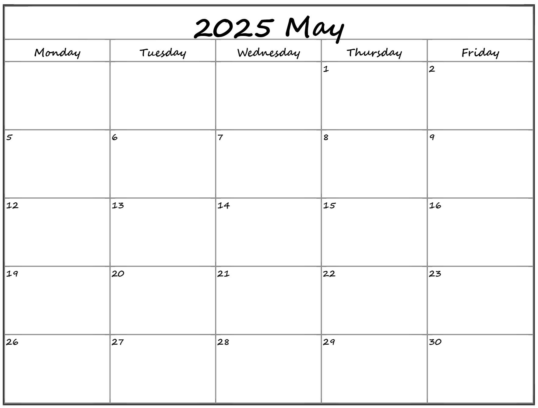 May 2025 Monday Calendar | Monday to Sunday