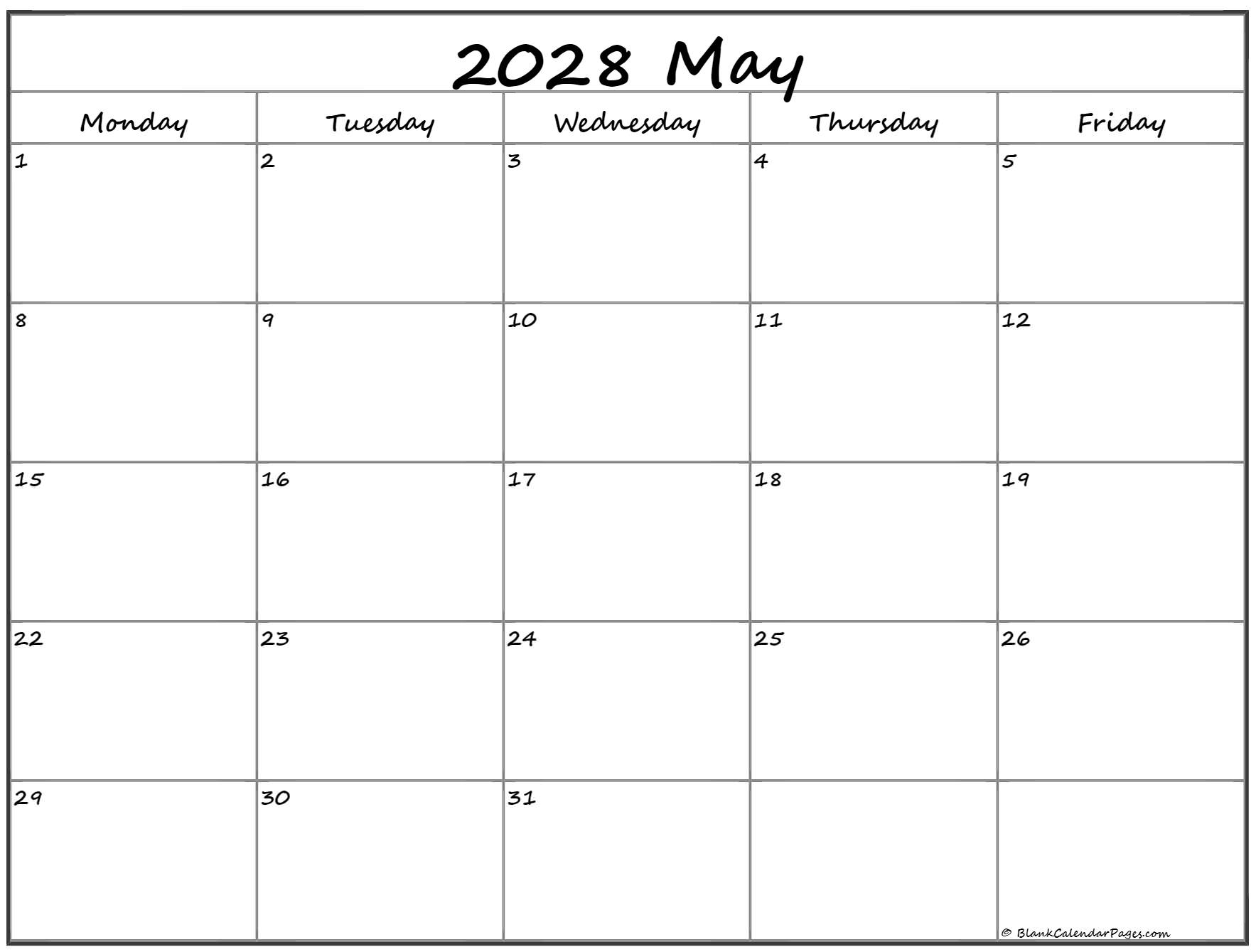 May 2028 Monday through Friday calendar.