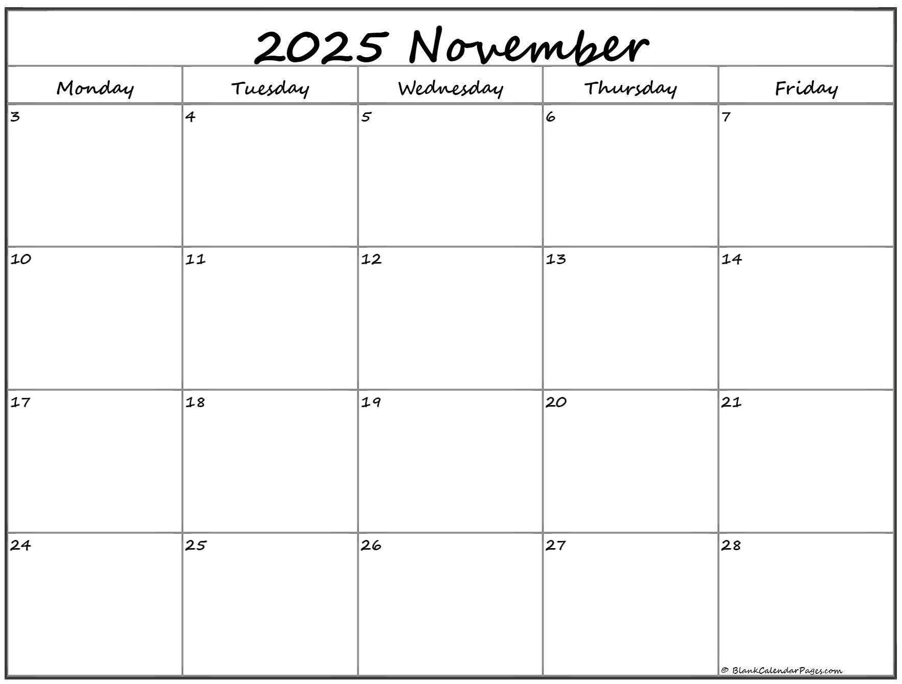 November 2025 Monday Calendar Monday to Sunday