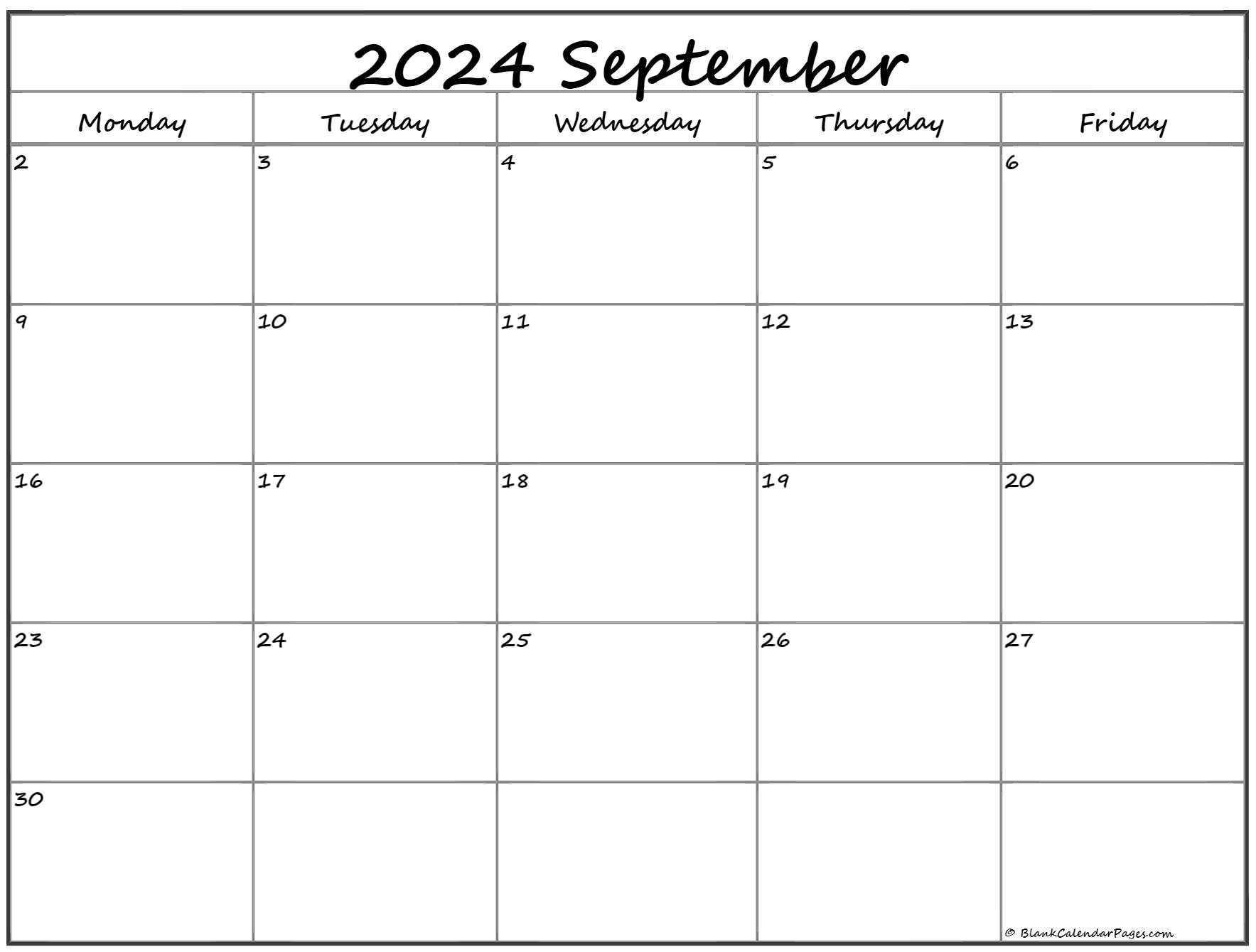 September 2020 Monday Calendar