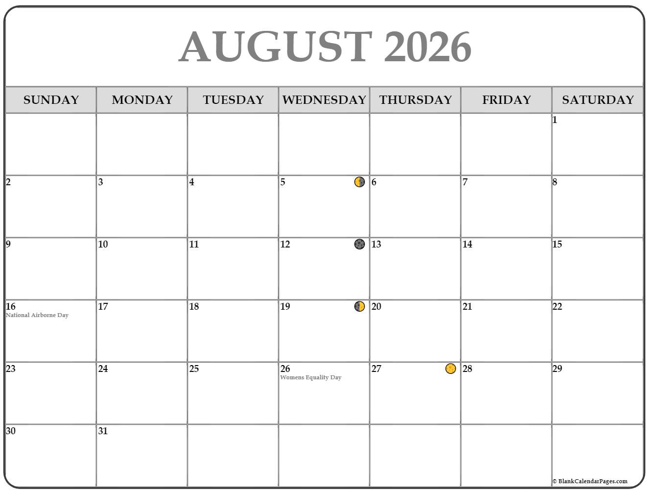 August 2026 Lunar Calendar Moon Phase Calendar