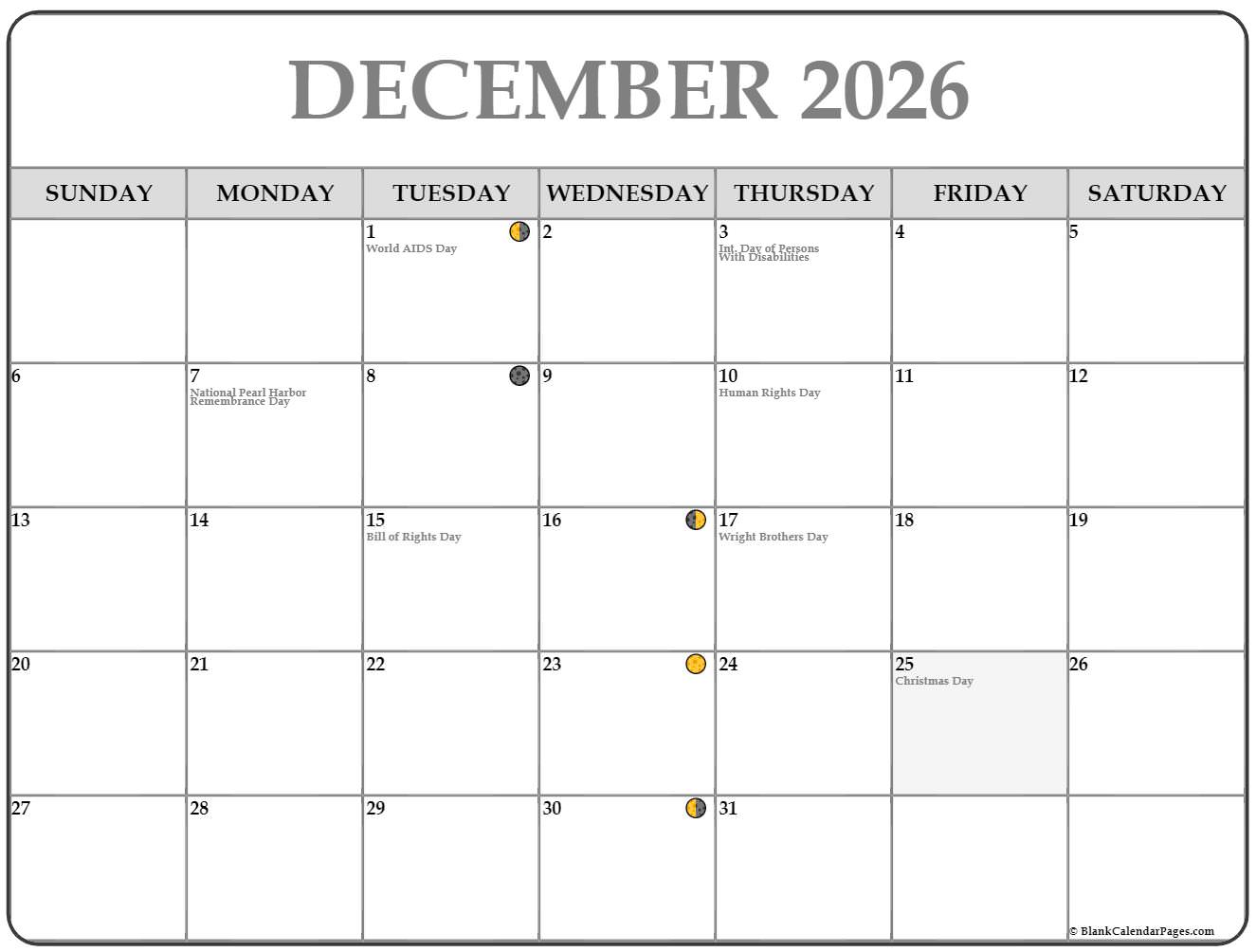 December 2026 Lunar Calendar  Moon Phase Calendar