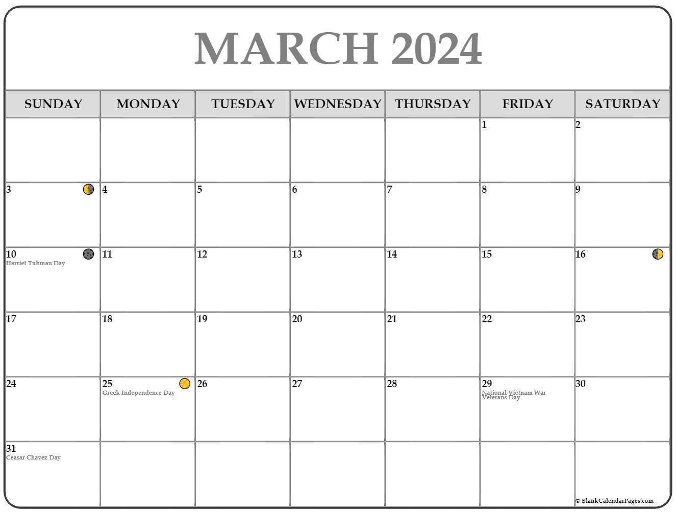 Moon Calendar March 2024 Calendar 2024 All Holidays