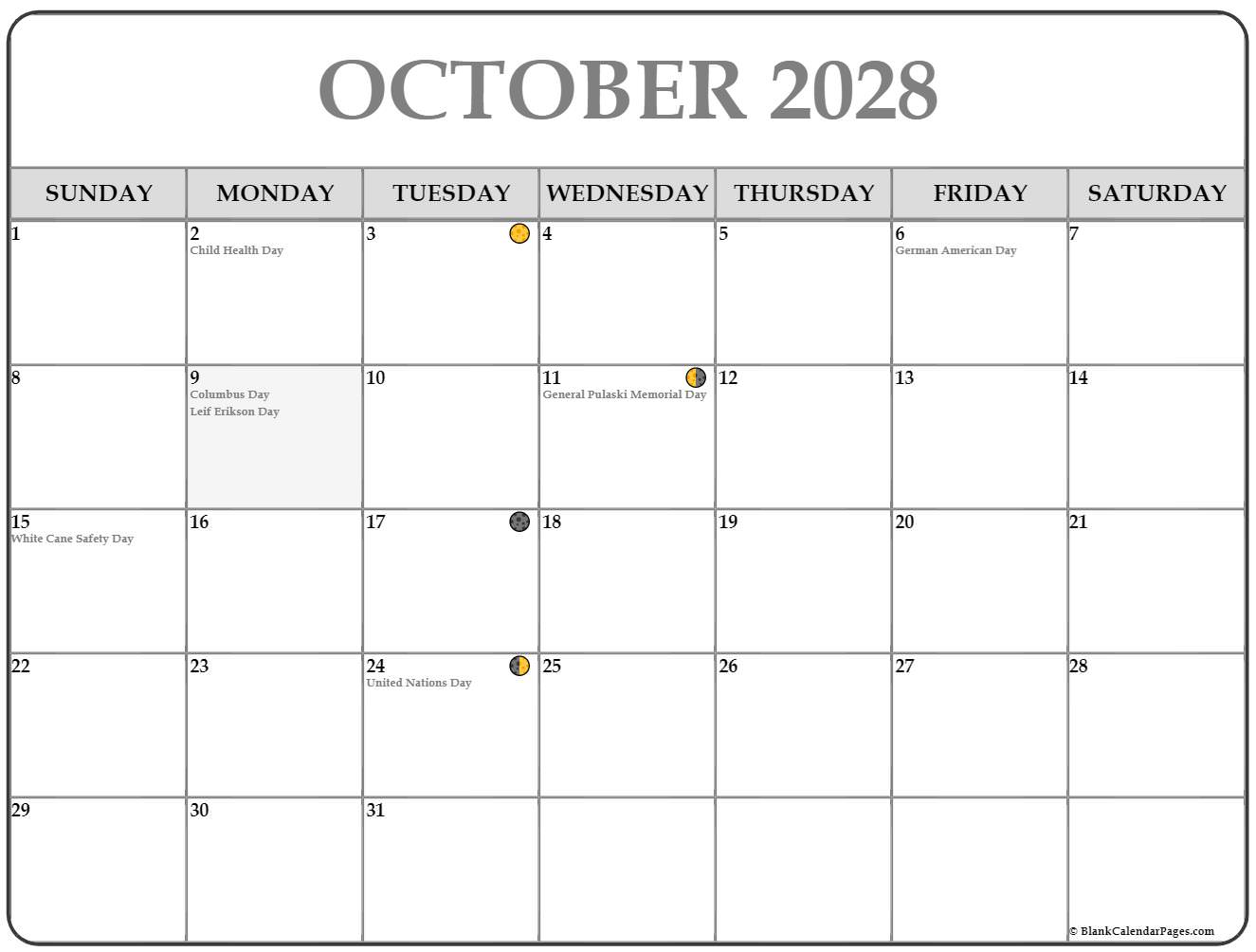 October 2028 moon phases calendar template