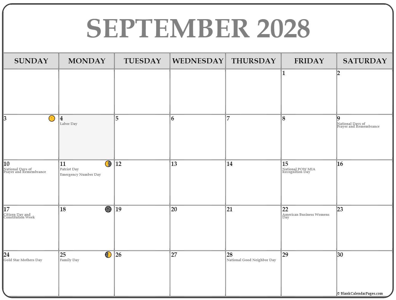 September 2028 moon phases calendar template