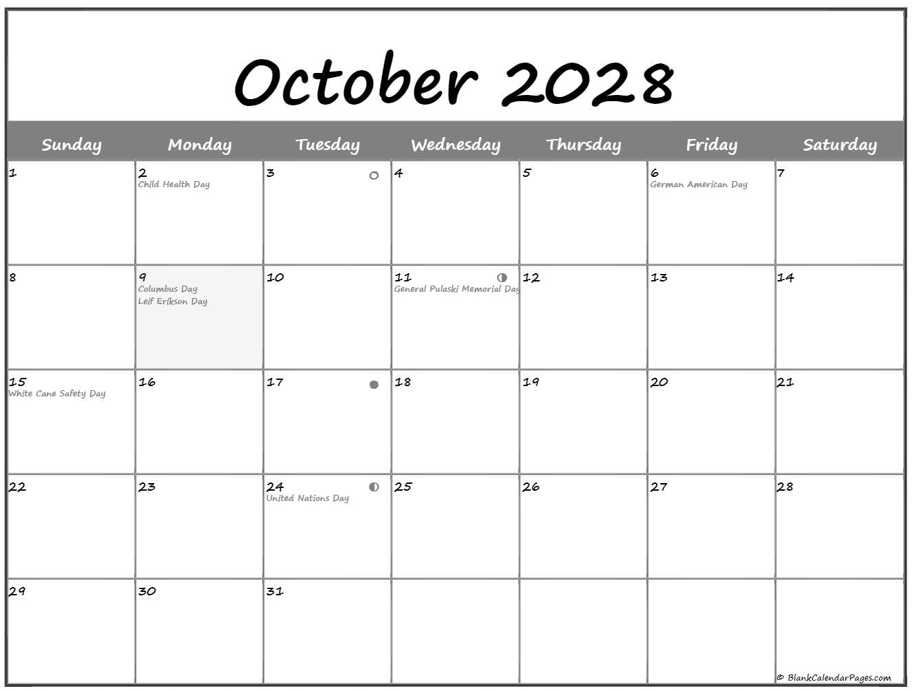 October 2028 moon calendar