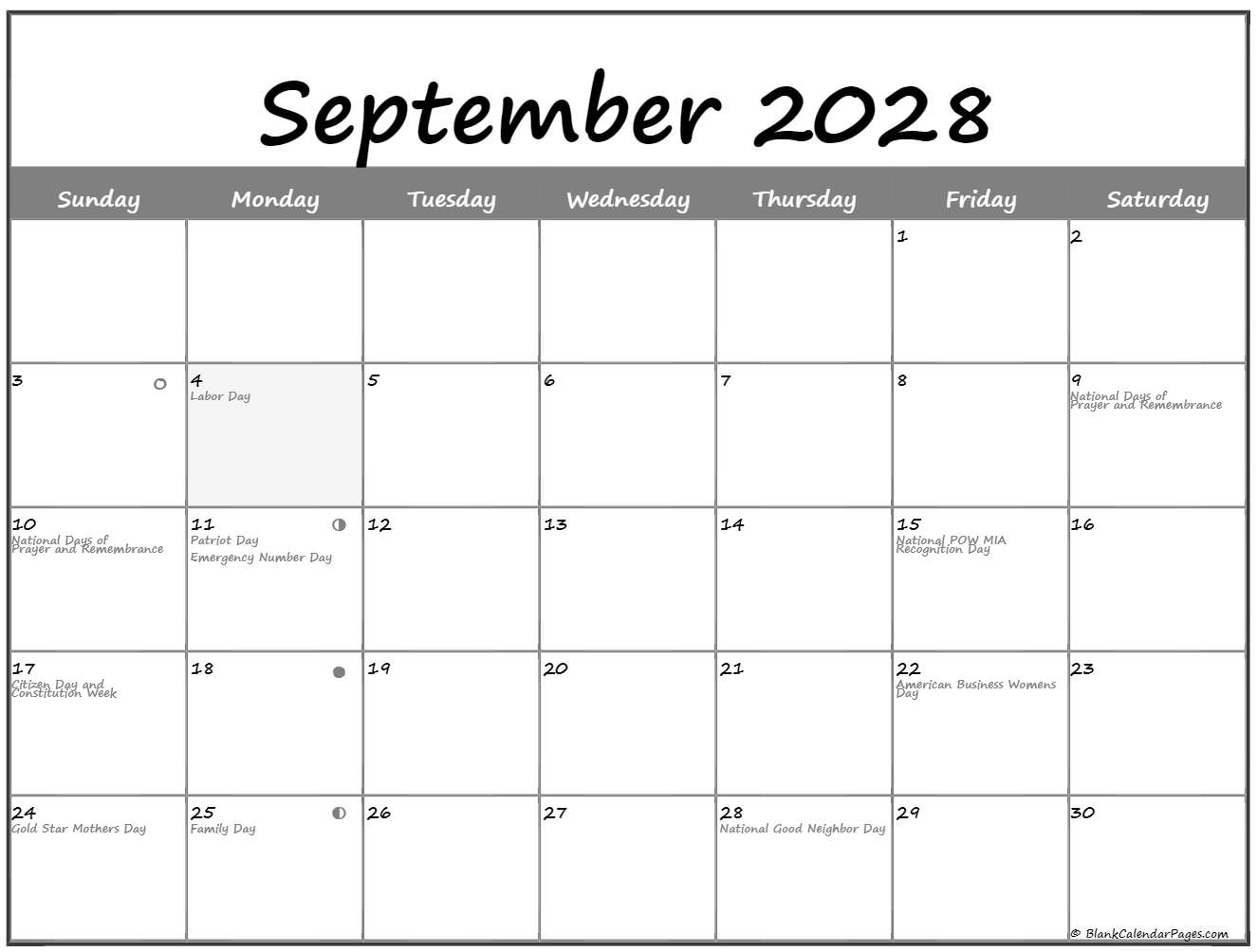 September 2028 moon calendar
