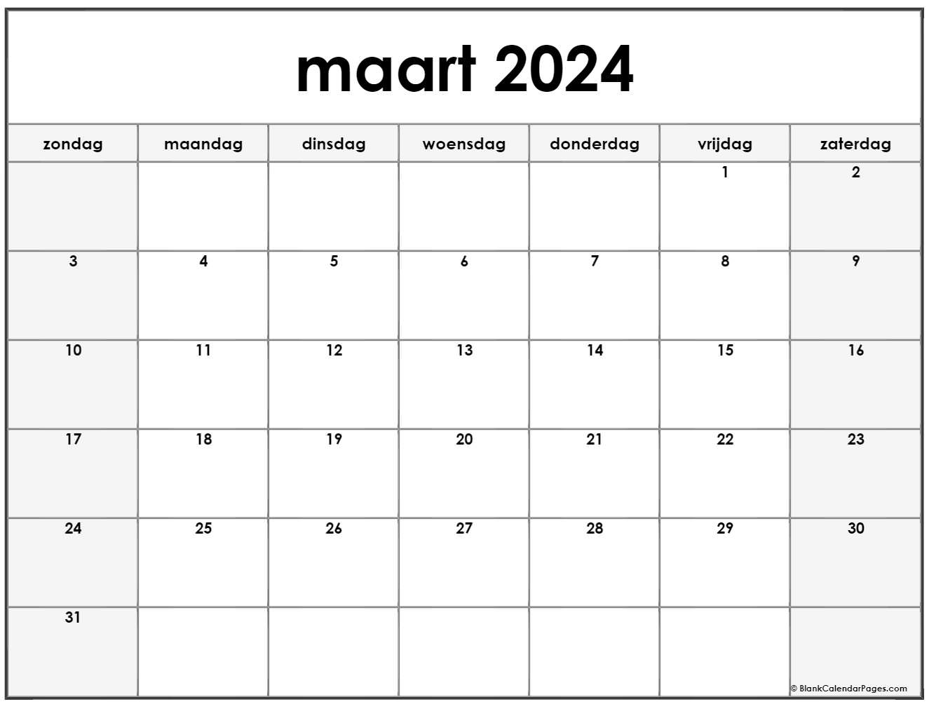 Maart 2024 Kalender Nl6 