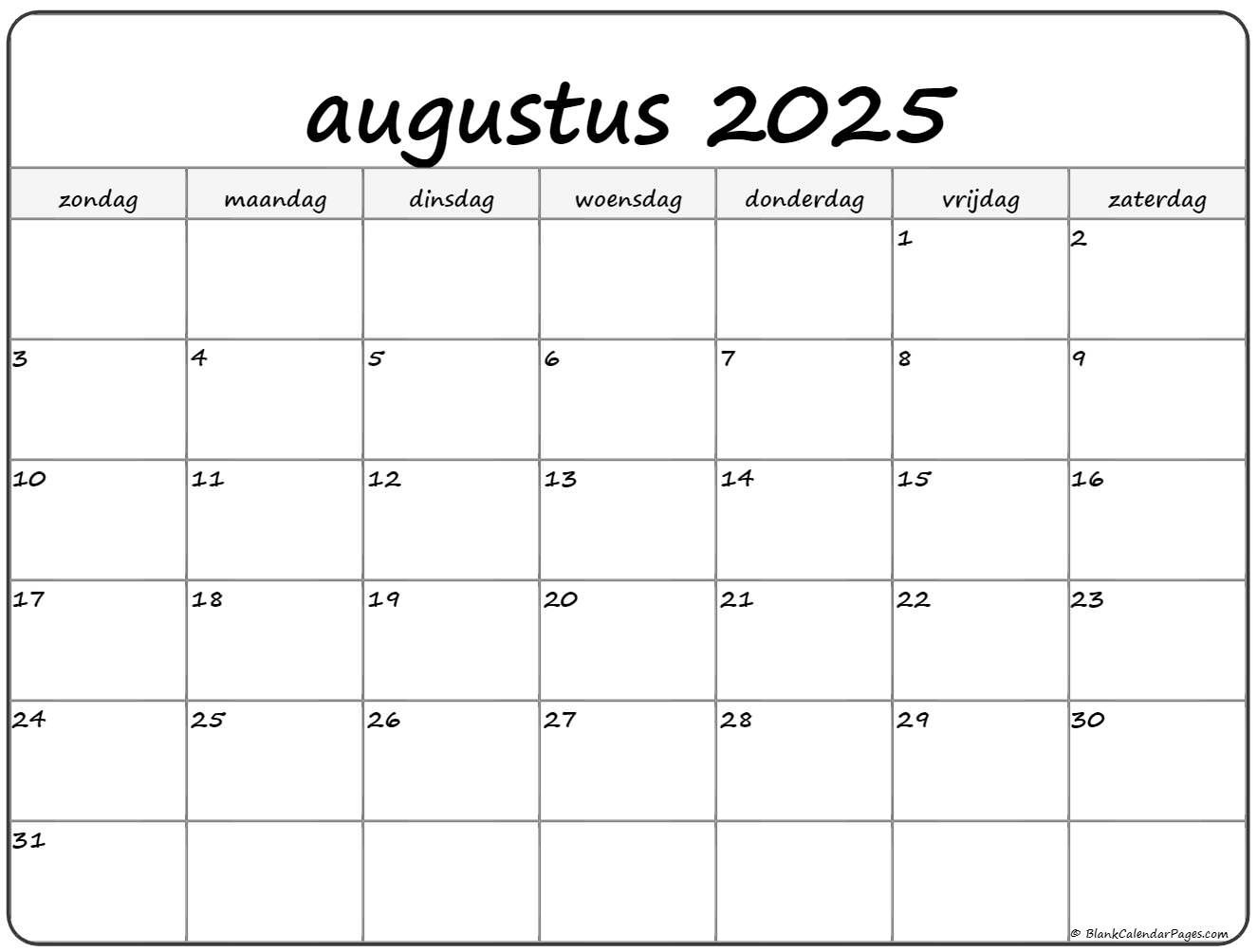 augustus 2025 kalender Nederlandse Kalender augustus