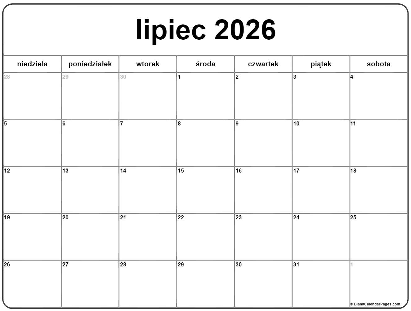Lipiec 2026 Bezp atny Kalendarz Do Druku Kalendarz Lipiec Lipiec 2026 Bezp atny Kalendarz Do Druku Kalendarz Lipiec