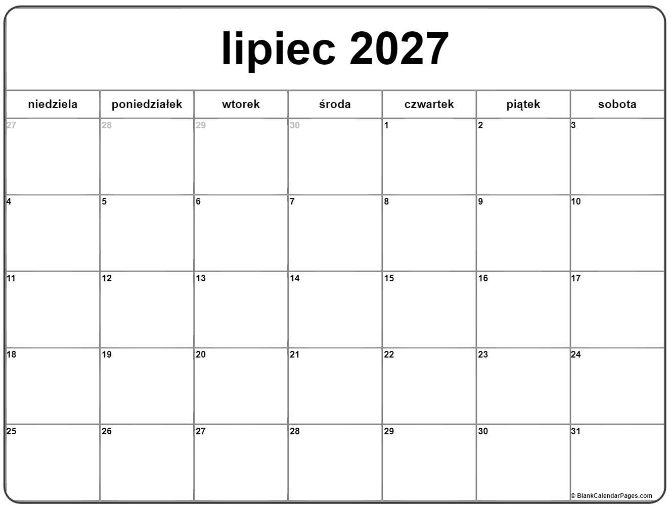 lipiec 2027 kalendarz