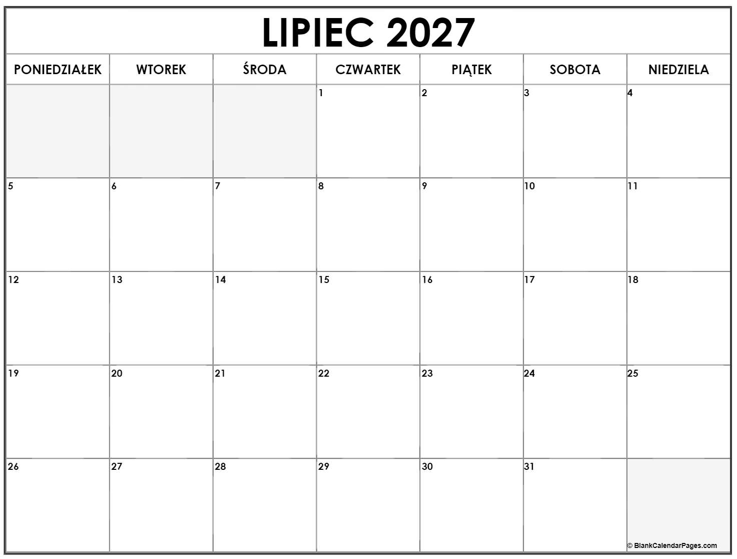lipiec 2027 kalendarz