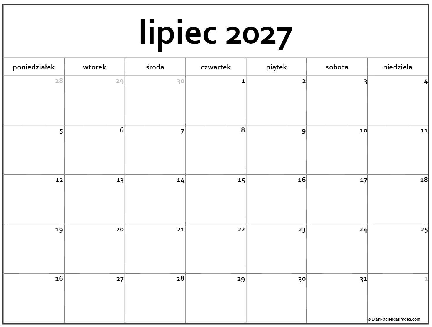 lipiec 2027 kalendarz