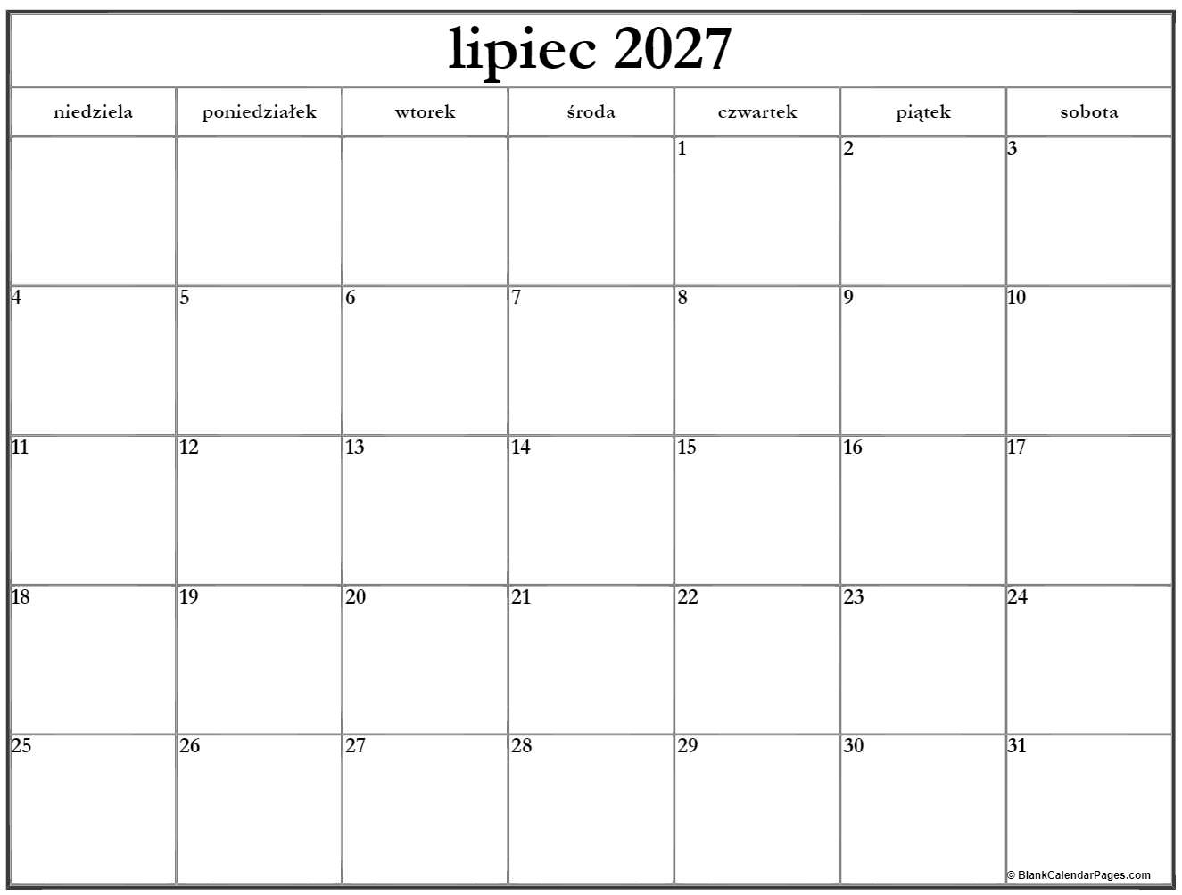 lipiec 2027 kalendarz