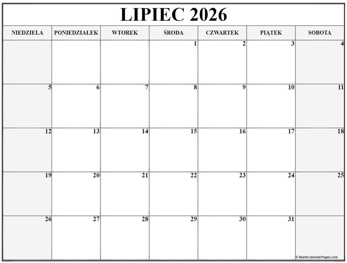 Lipiec 2026 Bezp atny Kalendarz Do Druku Kalendarz Lipiec Lipiec 2026 Bezp atny Kalendarz Do Druku Kalendarz Lipiec