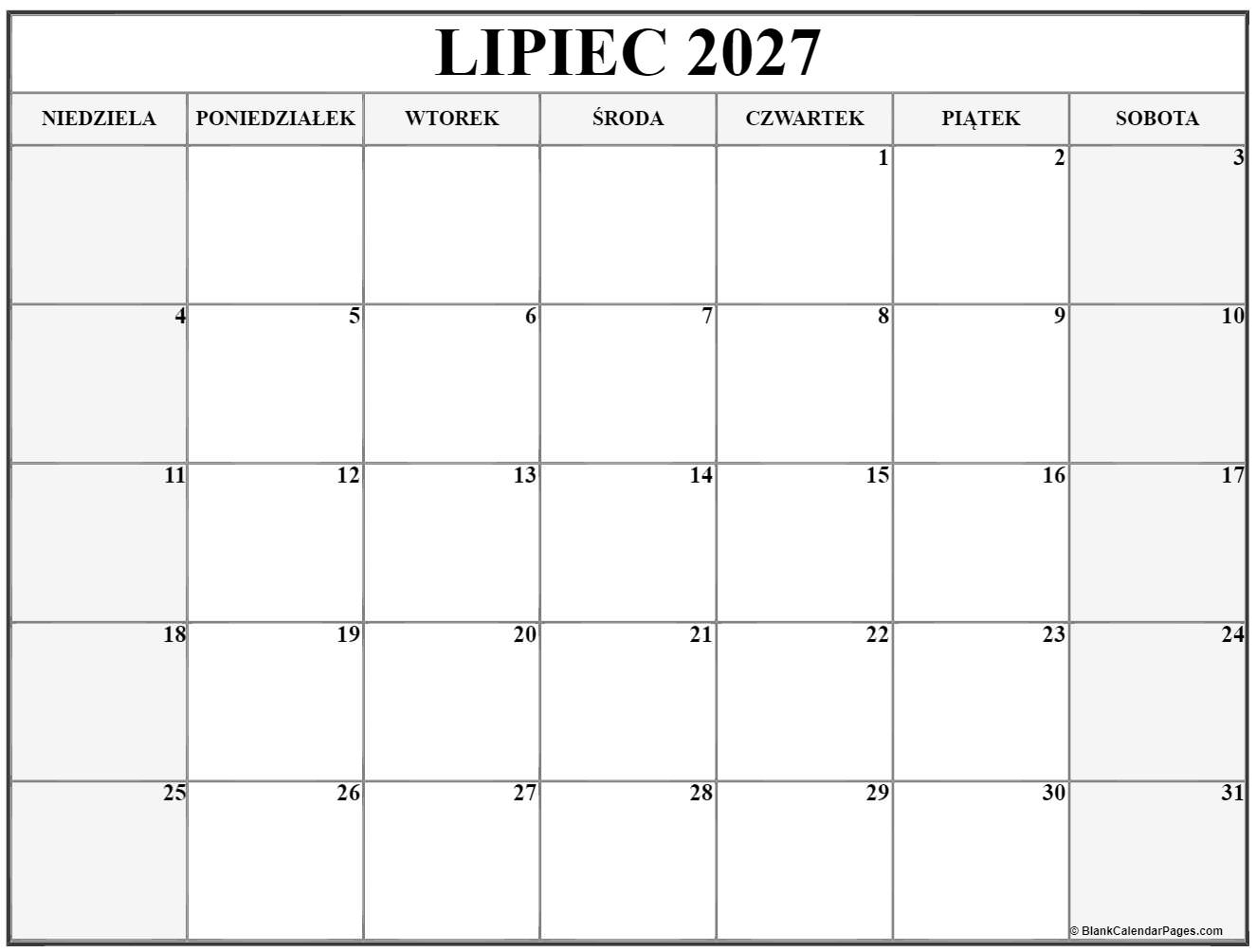lipiec 2027 kalendarz