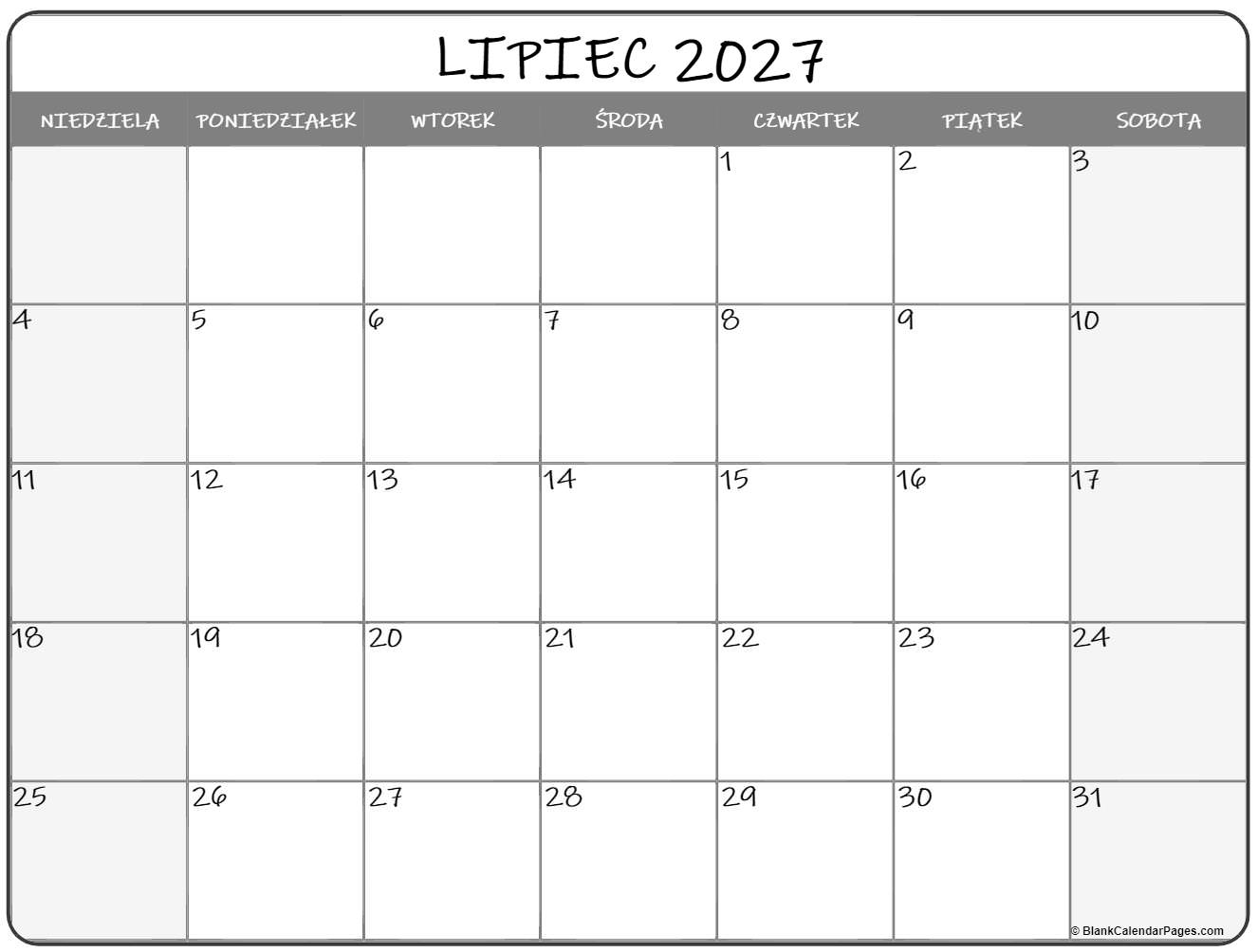 lipiec 2027 kalendarz
