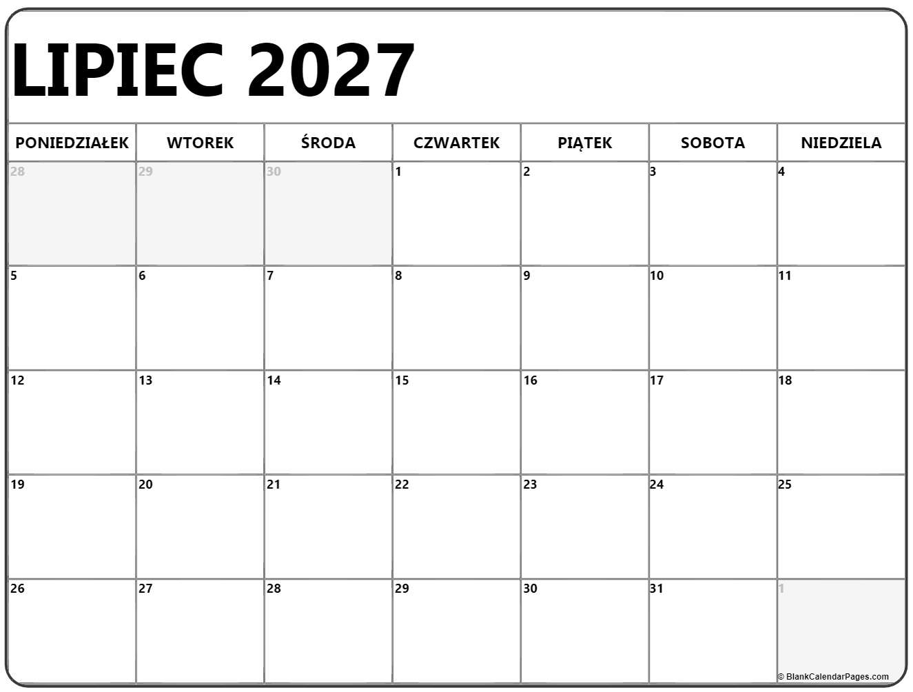 lipiec 2027 kalendarz poniedziałek początek