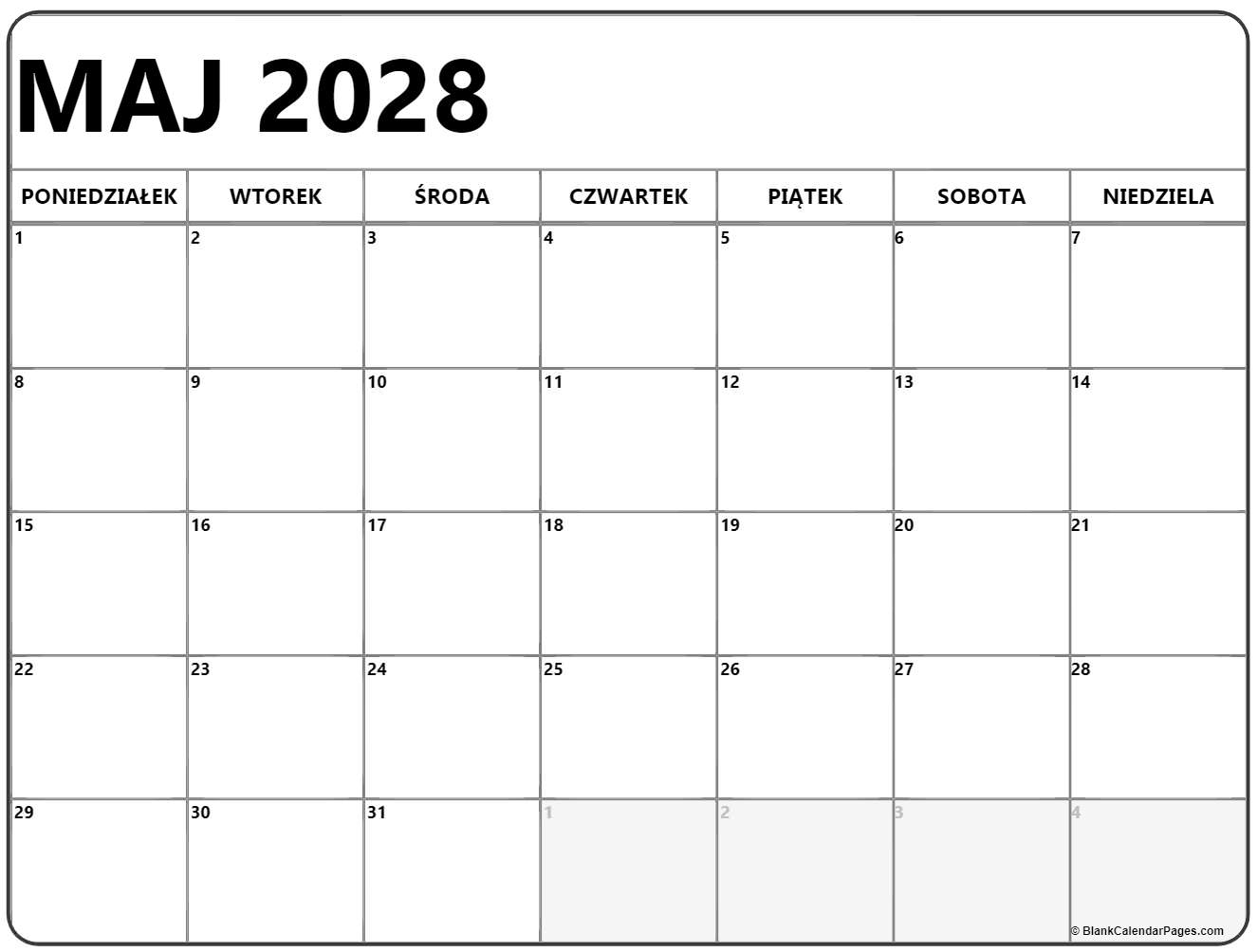 maj 2028 kalendarz poniedziałek początek