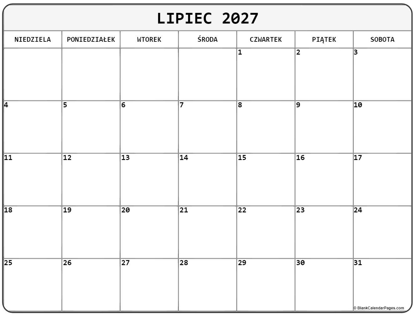 lipiec 2027 kalendarz