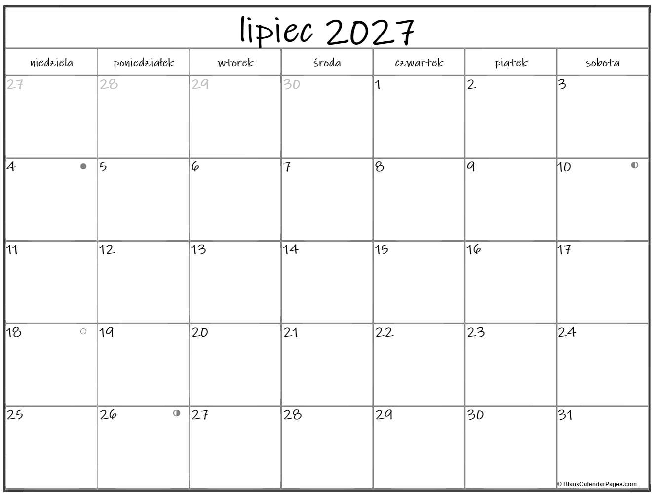 lipiec 2027 kalendarz z fazami księżyca według czasu warszawskiego