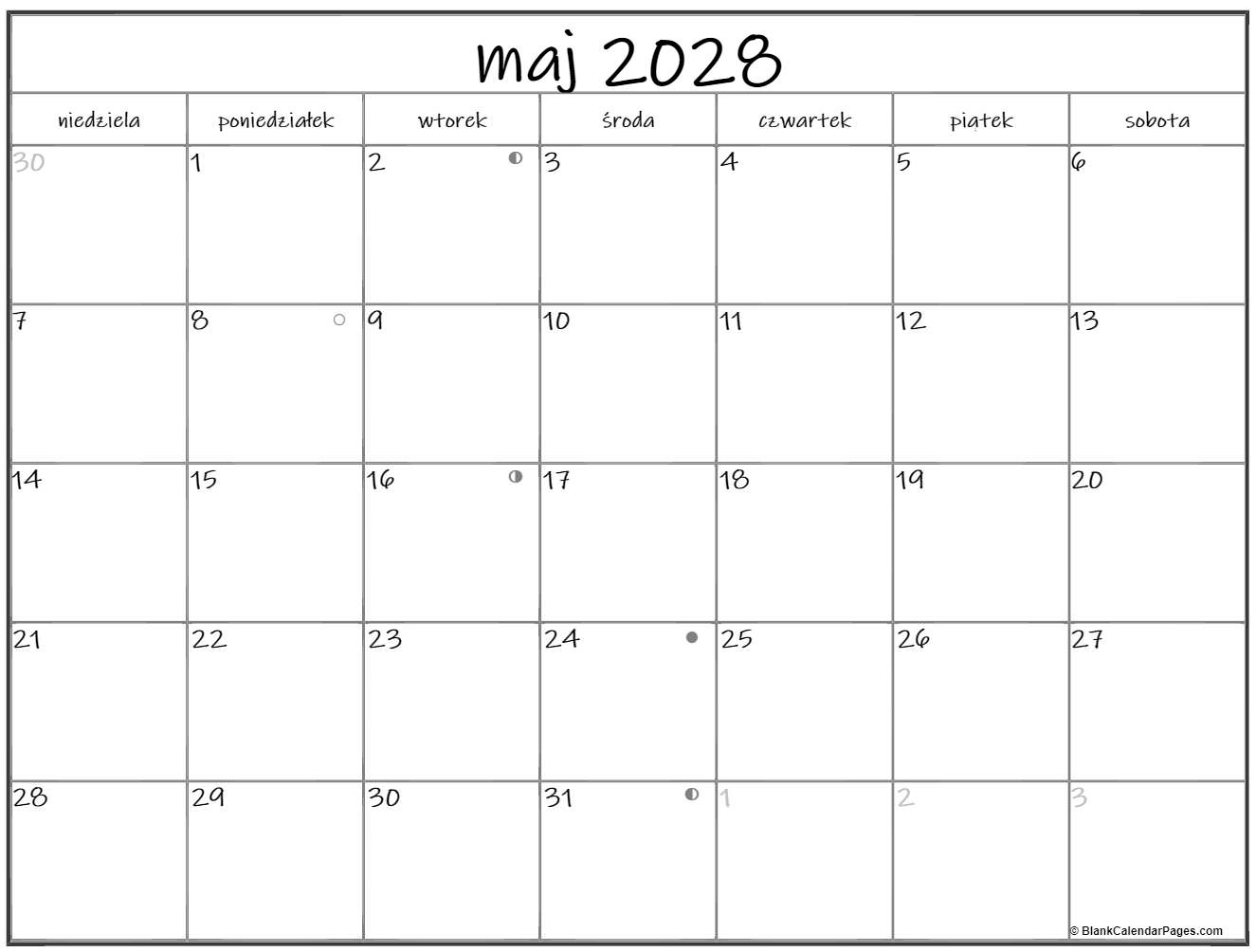 maj 2028 kalendarz z fazami księżyca według czasu warszawskiego