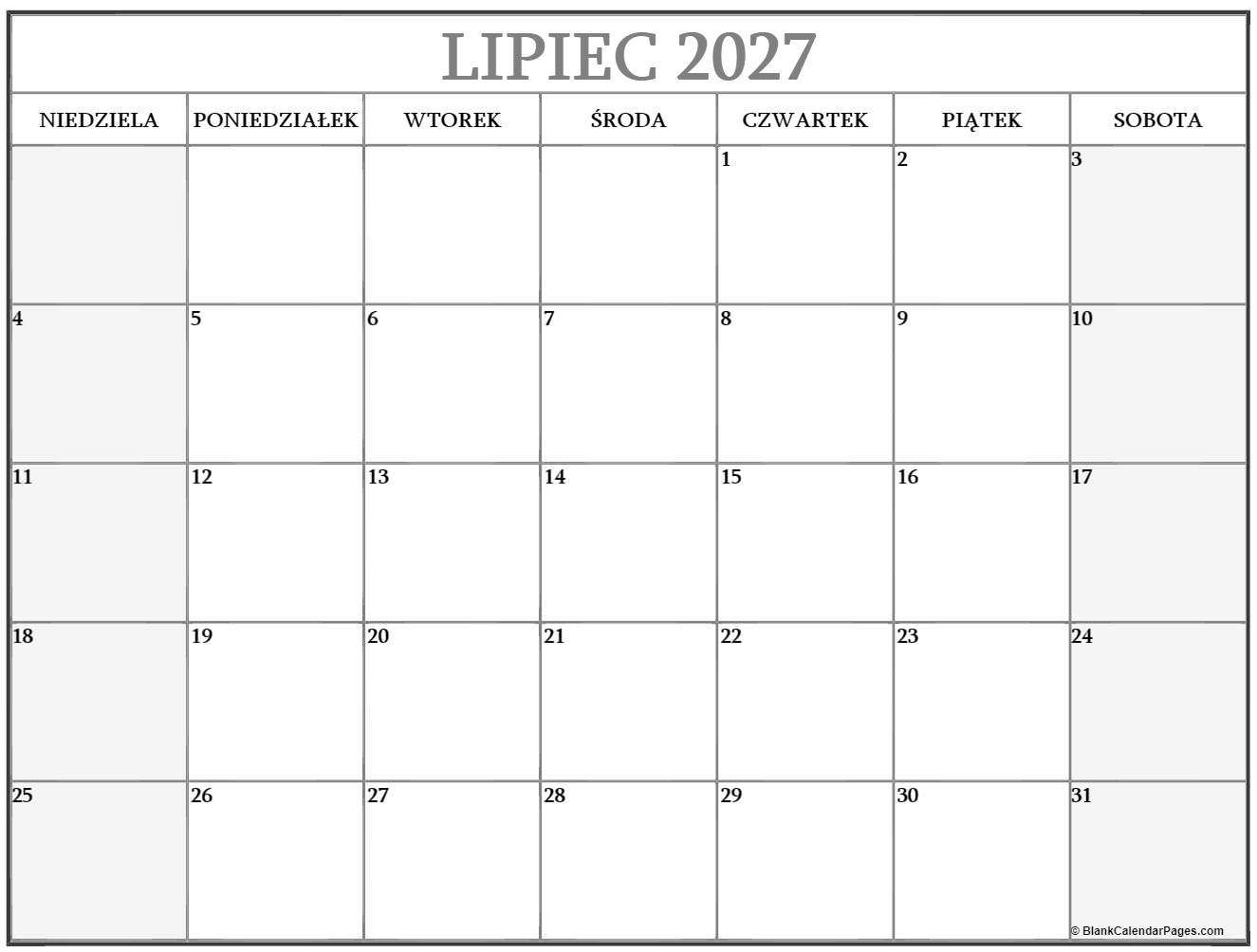 lipiec 2027 kalendarz