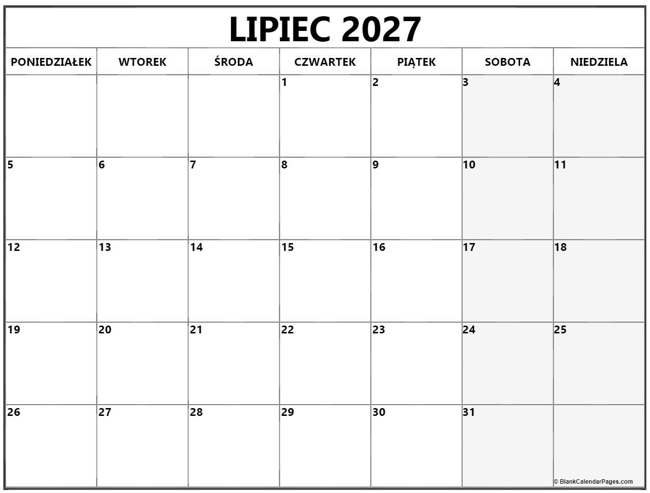 lipiec 2027 kalendarz