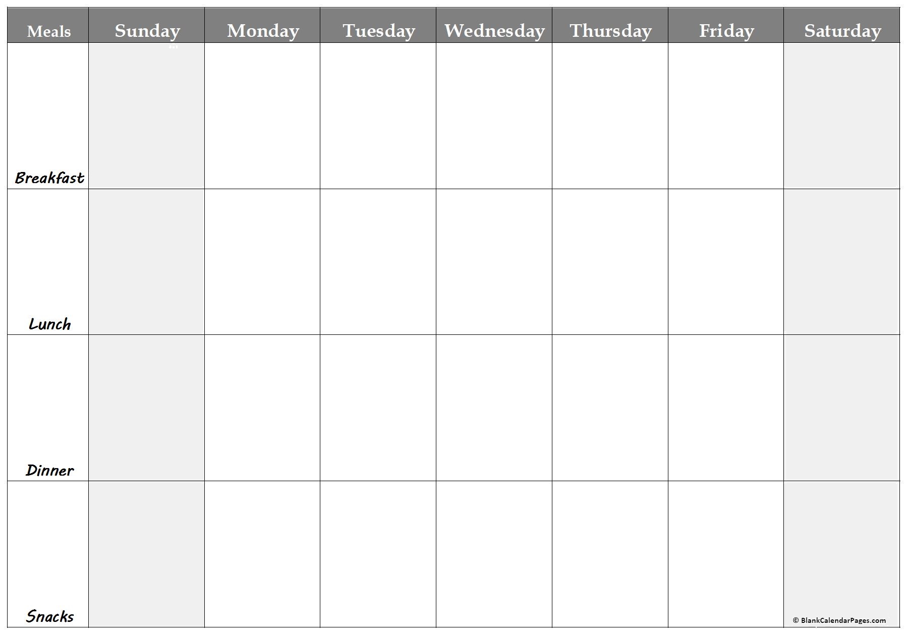 calendar template weekly meal plan