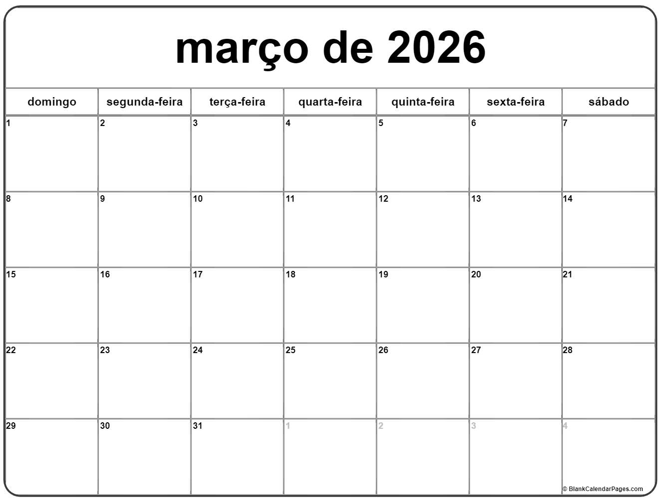 março de 2026 calendario grátis em português | Calendario março
