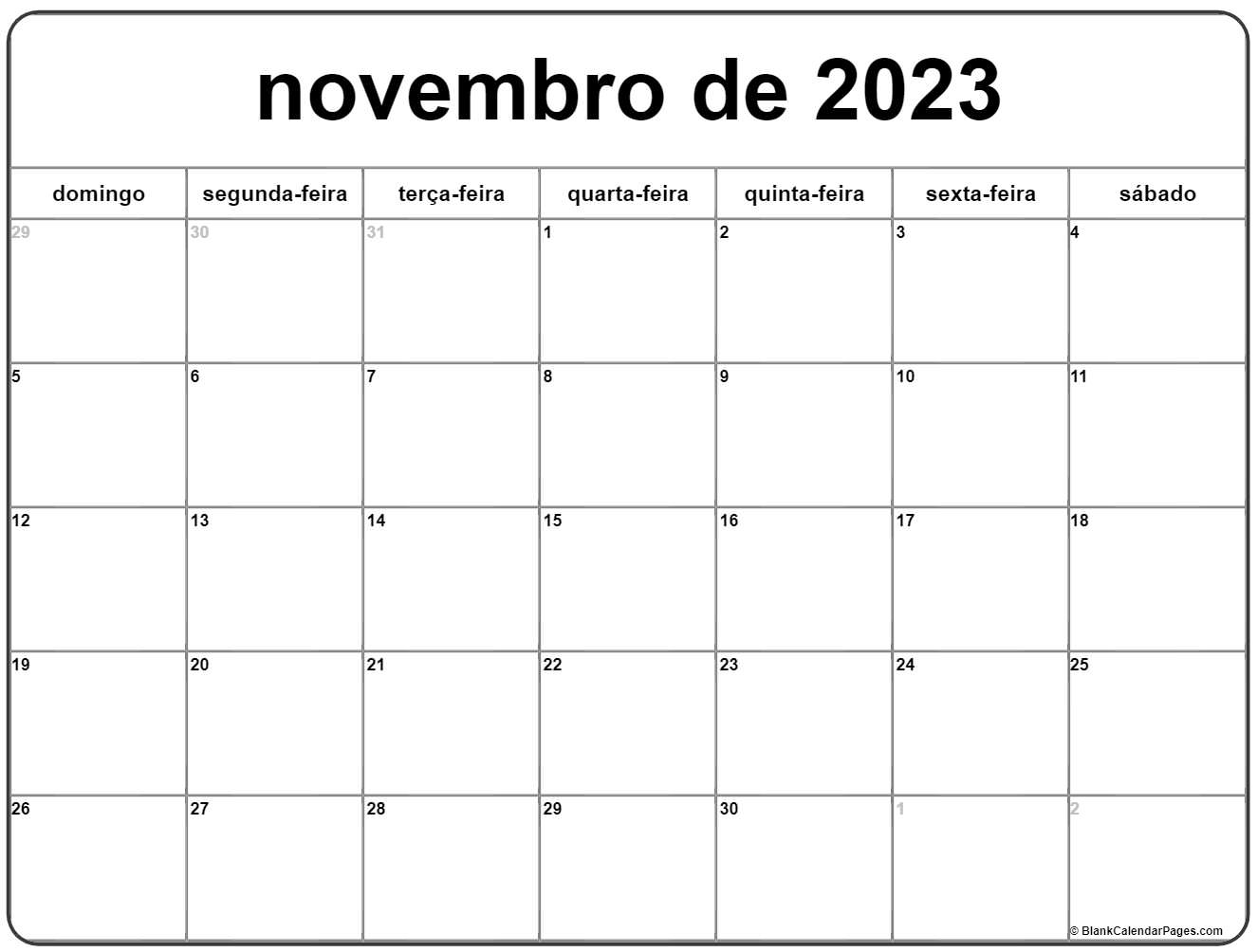 novembro de 2023 calendario grátis em português | Calendario novembro