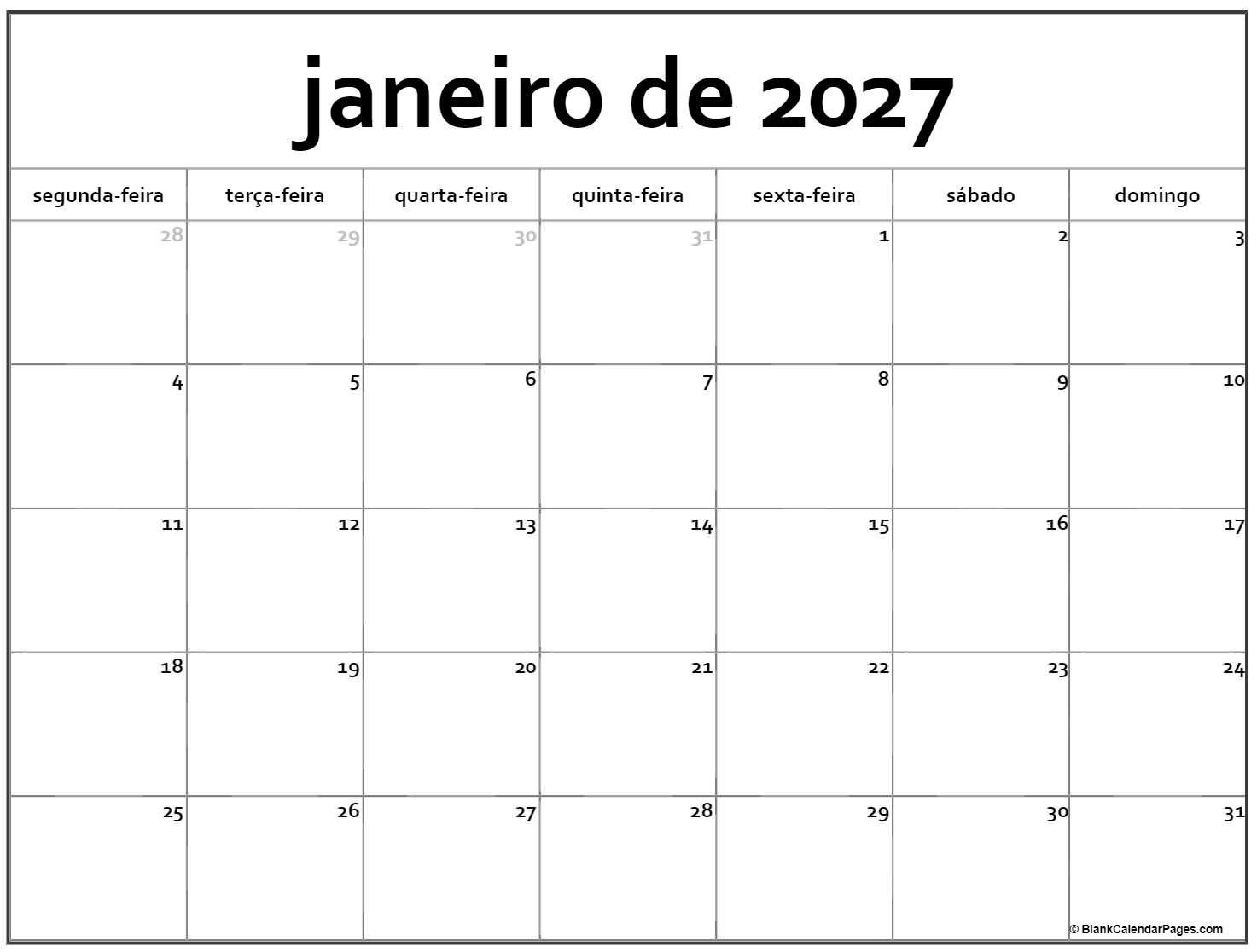 Janeiro De 2027 Calendario Gr tis Em Portugu s Calendario Janeiro