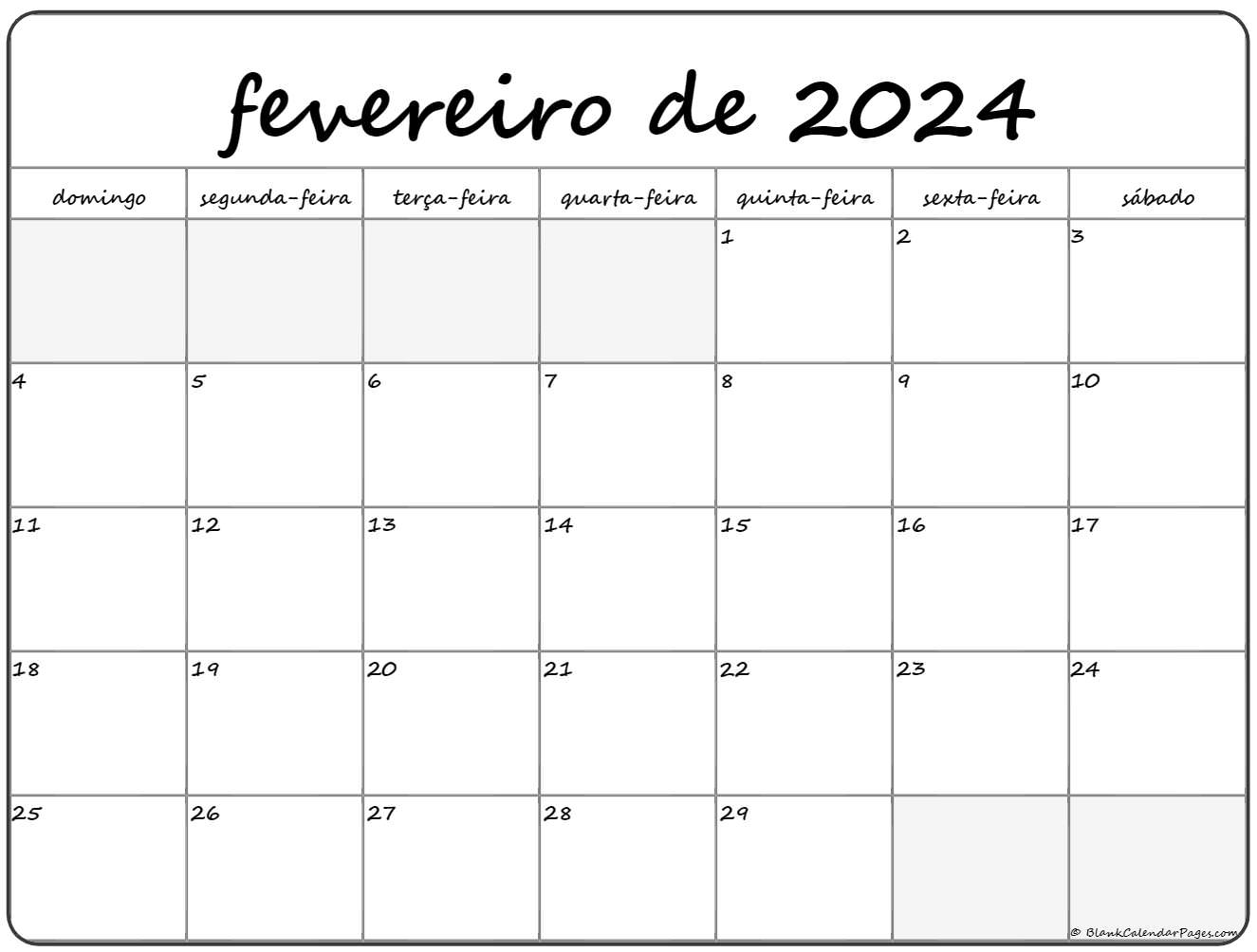 Calendário Fevereiro 2024 💜 Imprimir