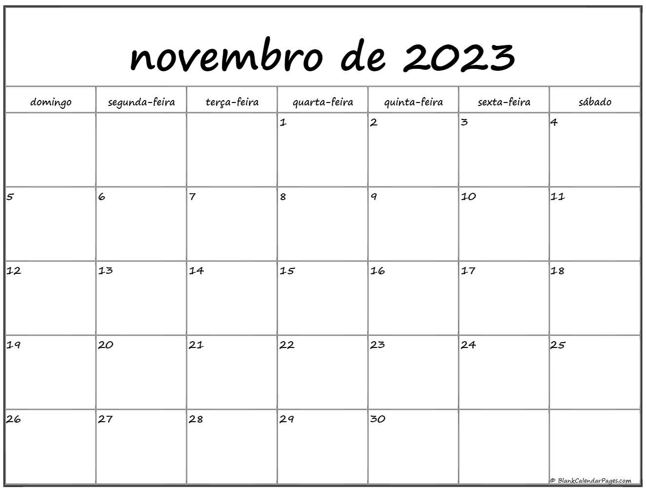 Novembro De 2023 Calendario Grátis Em Português | Calendario Novembro