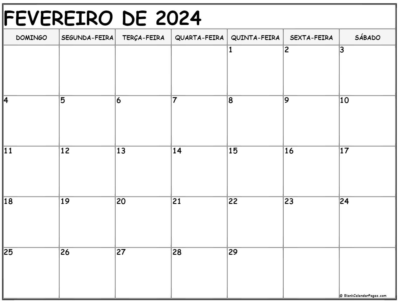 Calendário Fevereiro 2024
