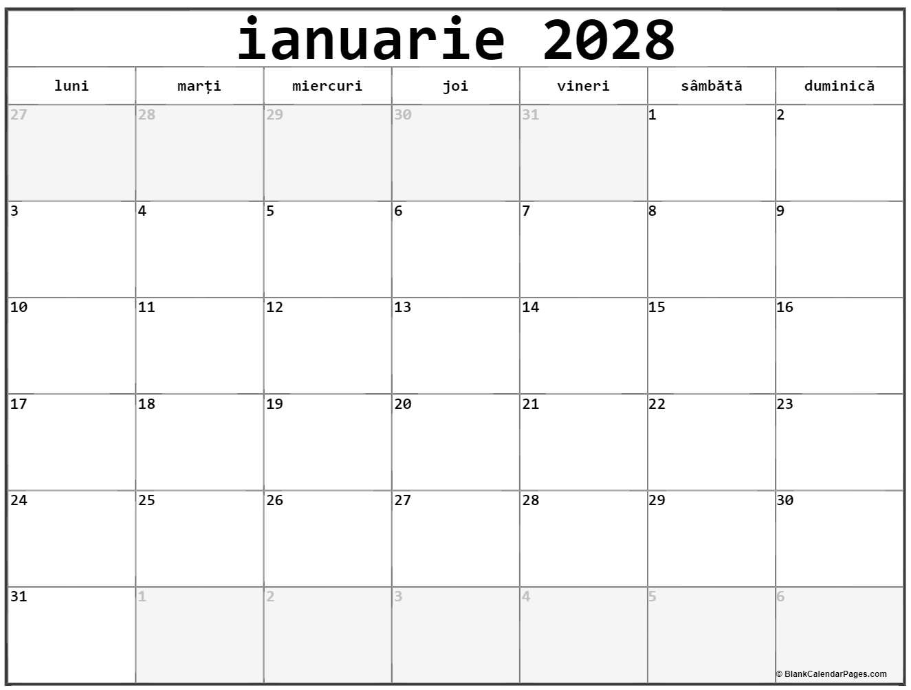 ianuarie 2028 calendarul romanesc