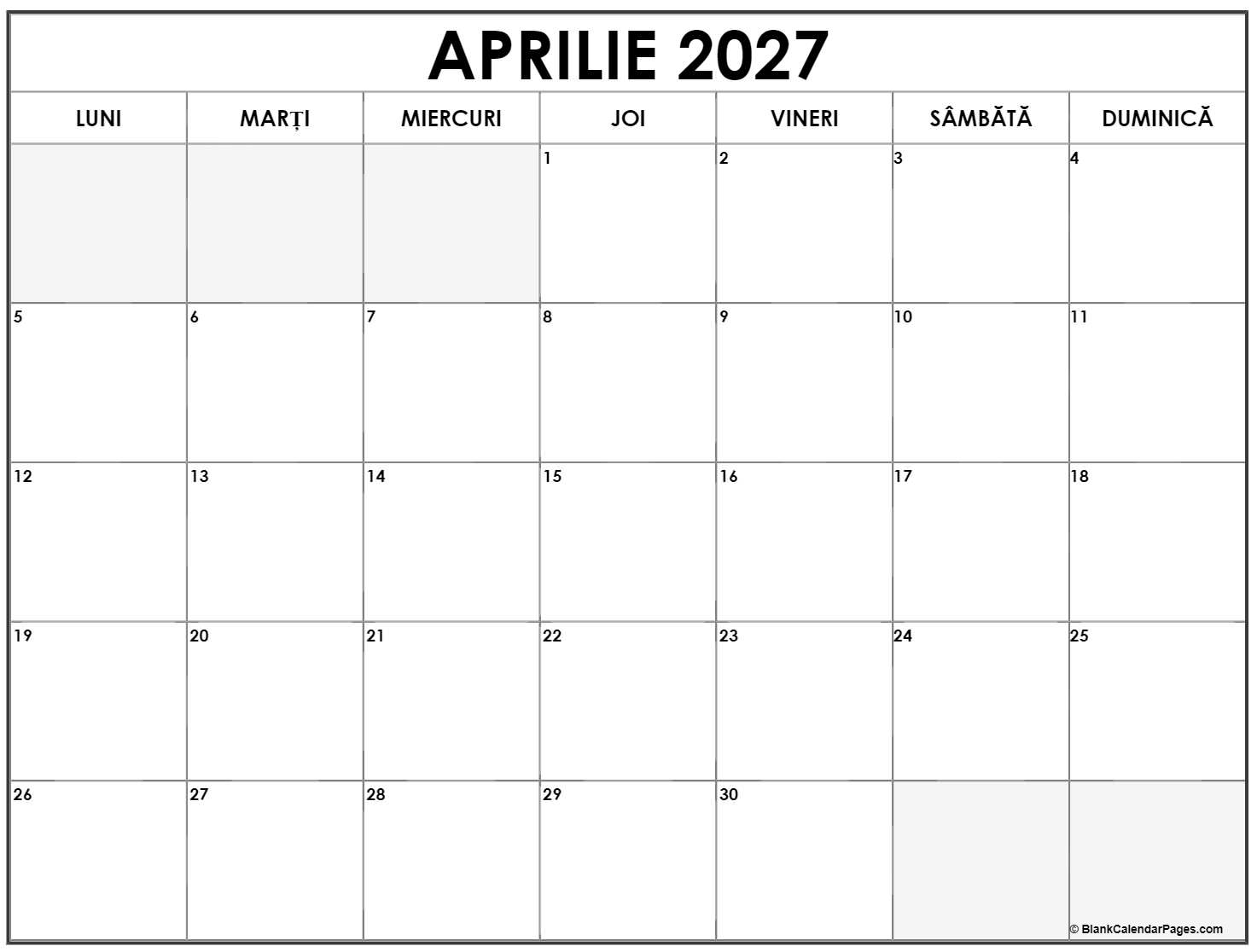 aprilie 2027 calendarul romanesc