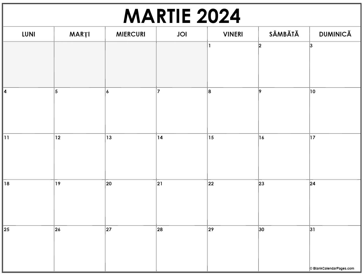 Calendarul martie 2024 imprimabil gratuit in romana