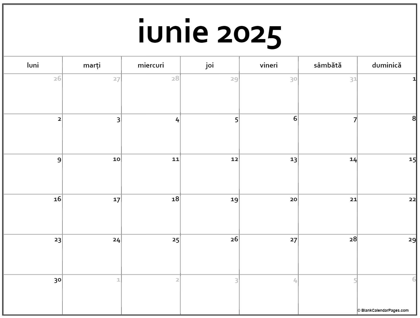Calendarul iunie 2025 imprimabil gratuit in romana
