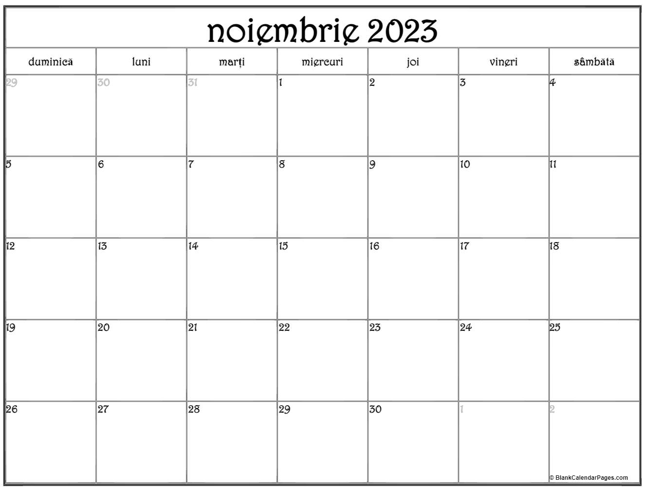 Calendarul noiembrie 2023 imprimabil gratuit in romana