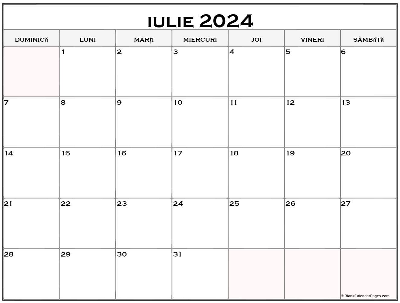 Calendarul iulie 2024 imprimabil gratuit in romana