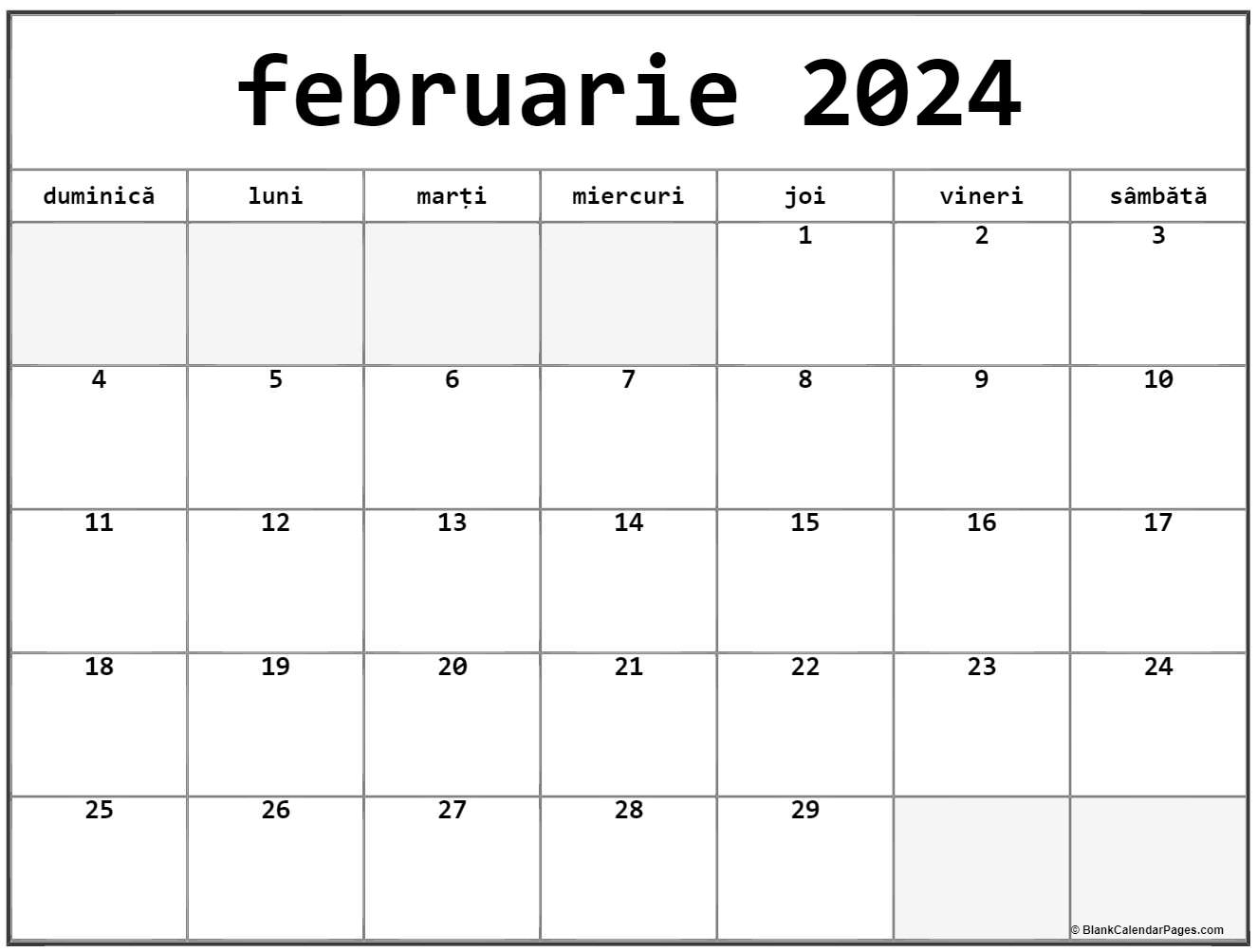 Calendarul februarie 2024 imprimabil gratuit in romana