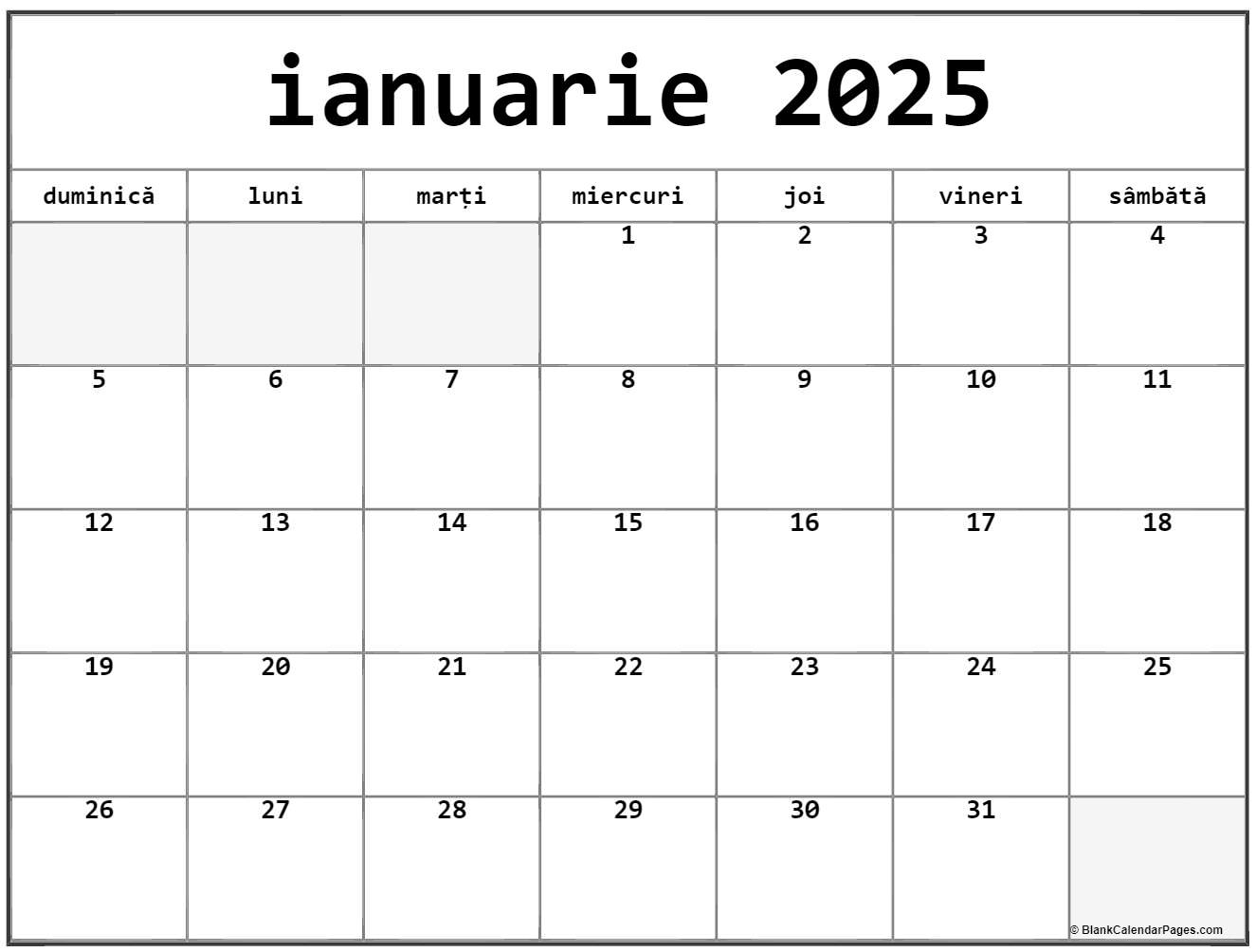 Calendarul ianuarie 2025 imprimabil gratuit in romana