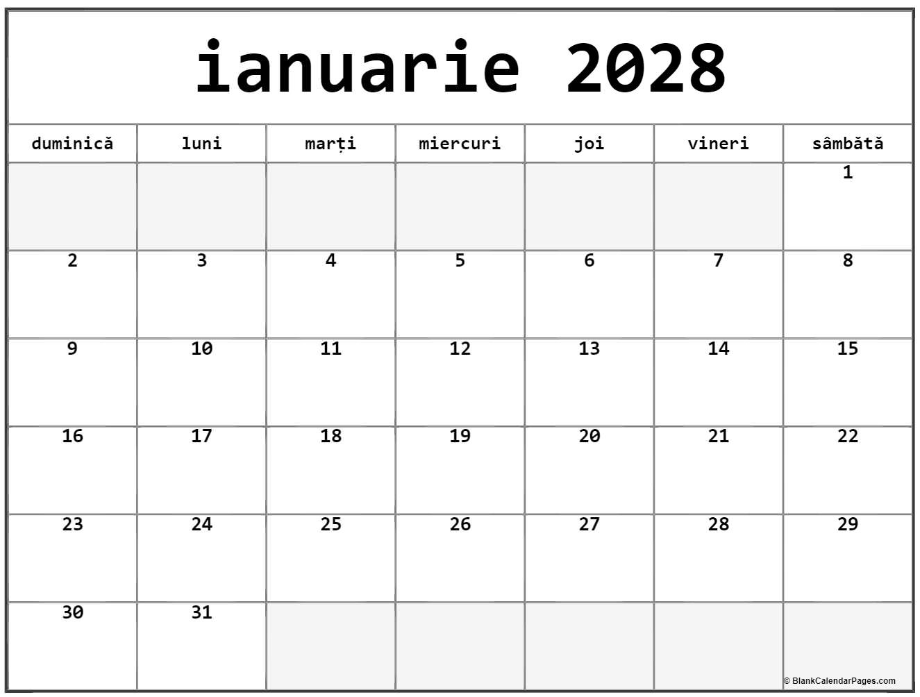 ianuarie 2028 calendarul romanesc