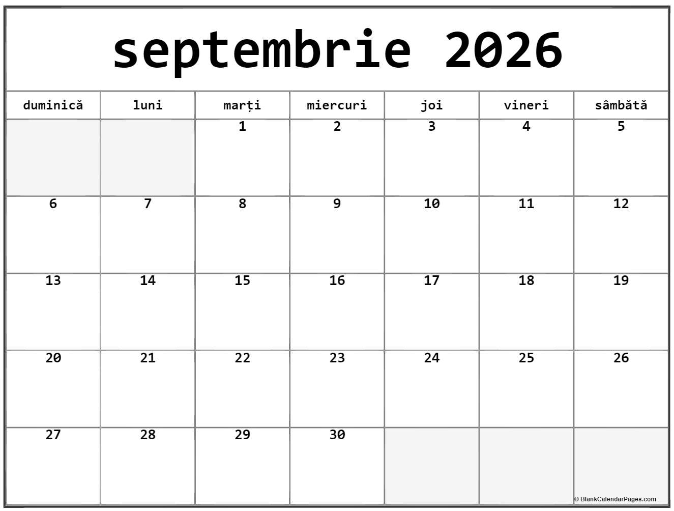 Calendarul Septembrie 2026 Imprimabil Gratuit In Romana