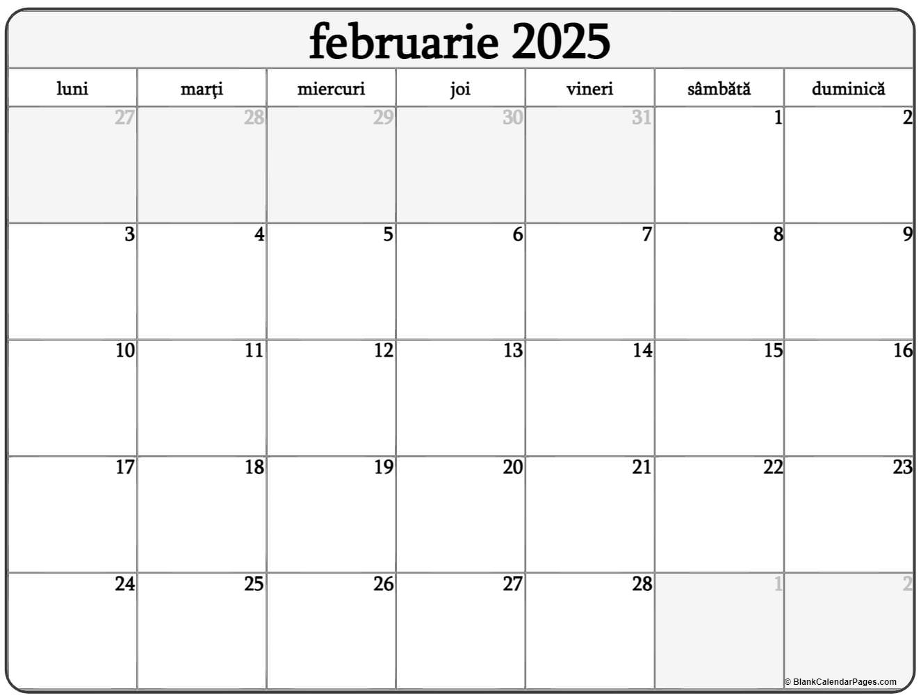 Calendarul februarie 2025 imprimabil gratuit in romana